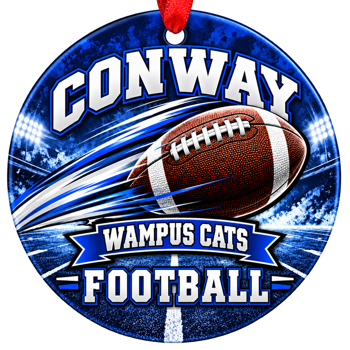 Conway Wampus Cats Football Christmas ornament with football with motion streaks and stadium lights in blue and white, red hanging ribbon.