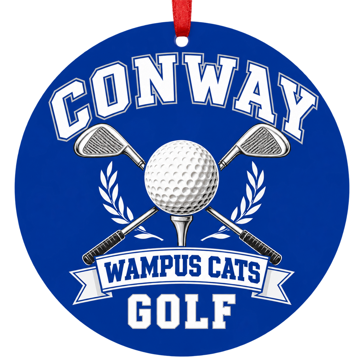 Conway Wampus Cats Golf Christmas ornament with golf ball and crossed clubs in blue and white, red hanging ribbon.