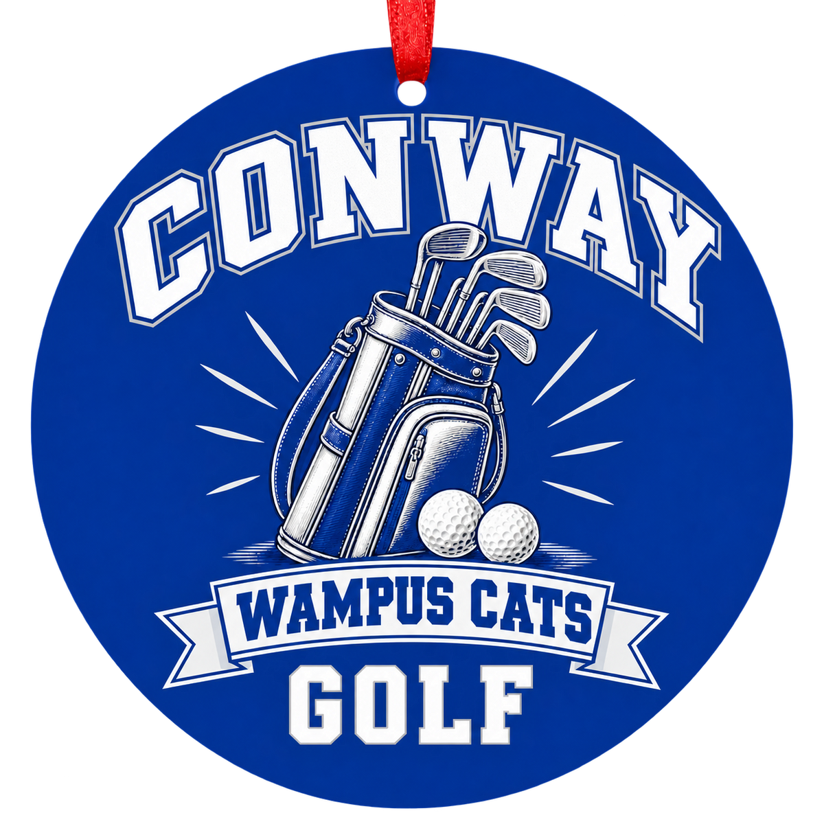 Conway Wampus Cats Golf Christmas ornament with golf bag, clubs and balls in blue and white, red hanging ribbon.