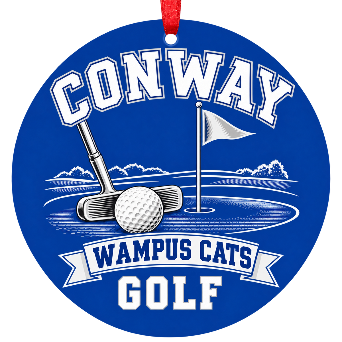 Conway Wampus Cats Golf Christmas ornament with putter, golf ball and putting green in blue and white, red hanging ribbon.