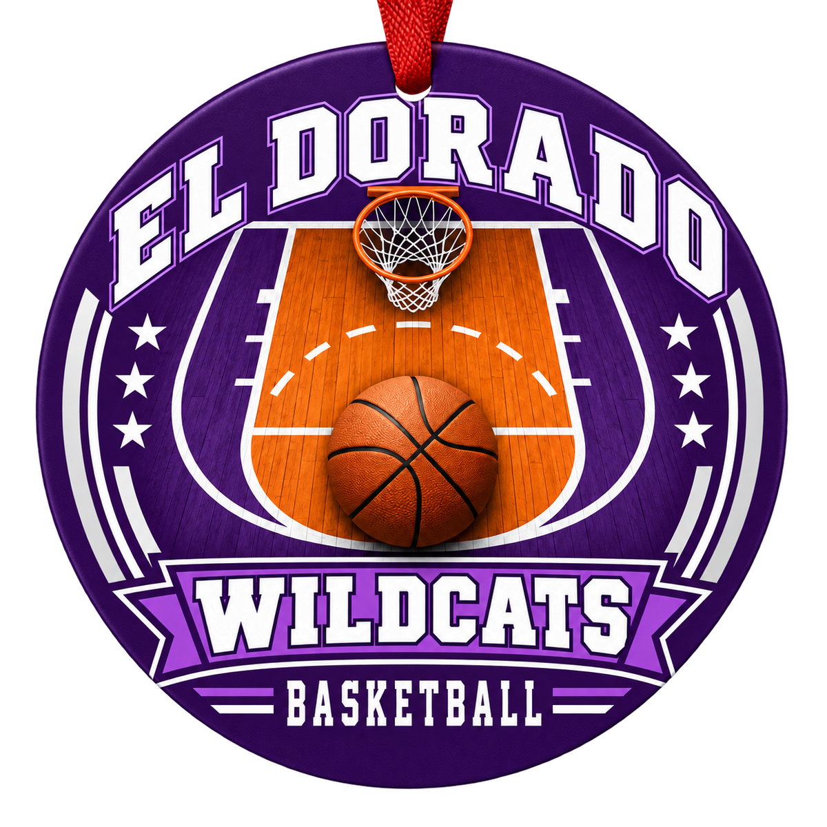 El Dorado Wildcats Basketball Christmas ornament with basketball court, hoop and ball artwork in purple and white, red hanging ribbon.