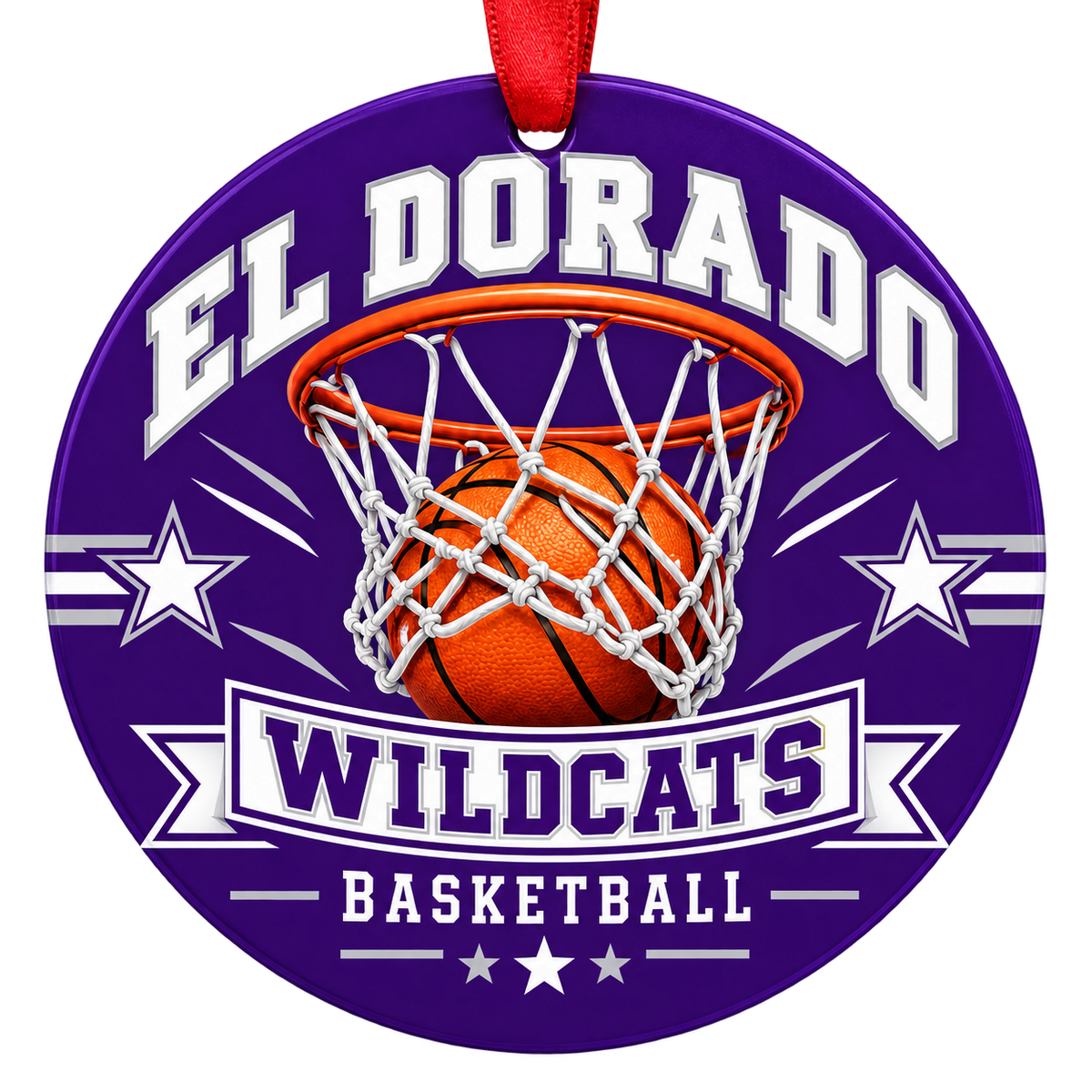 El Dorado Wildcats Basketball Christmas ornament with basketball passing through a hoop in purple and white, red hanging ribbon.
