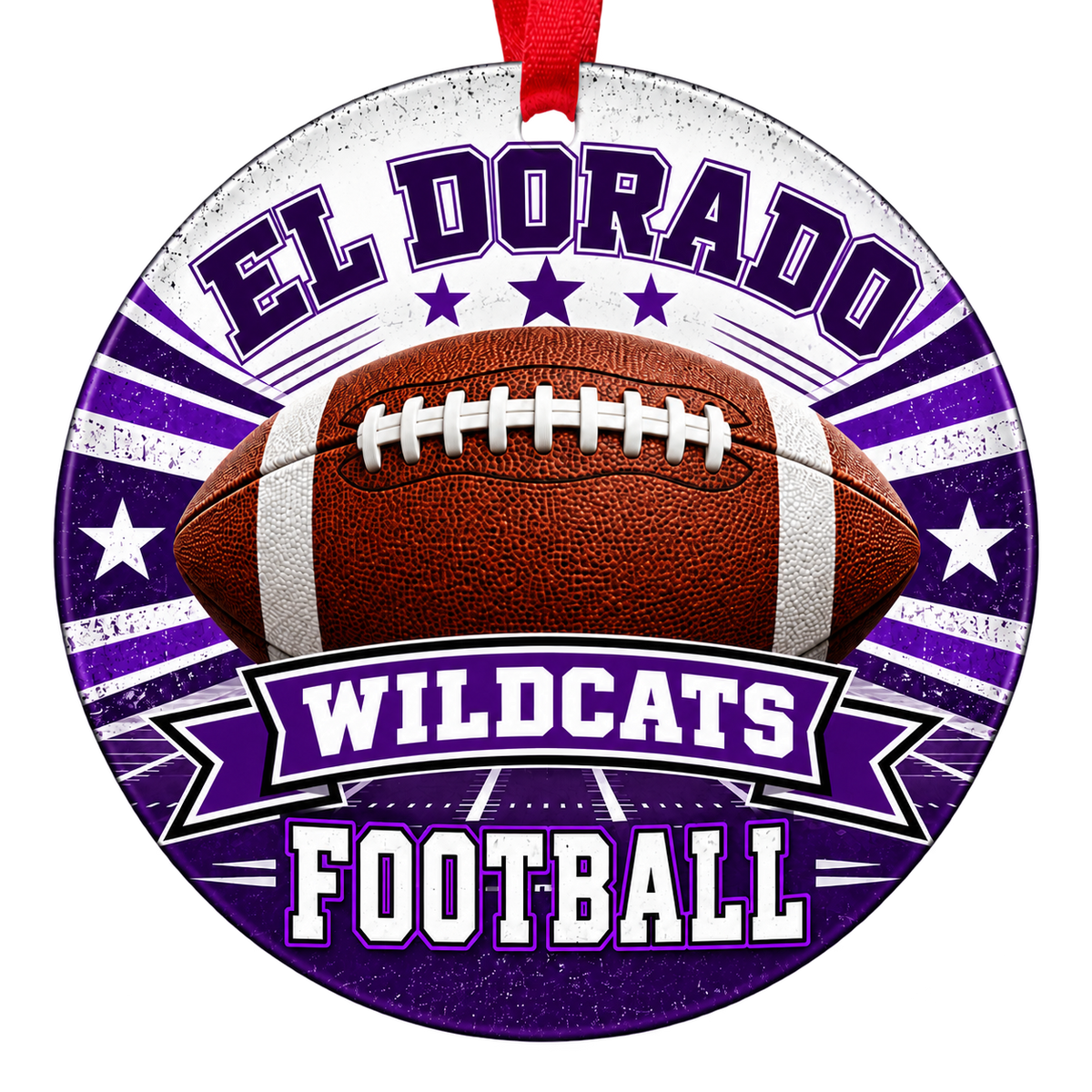 El Dorado Wildcats Football Christmas ornament with football, stars and field artwork in purple and white, red hanging ribbon.
