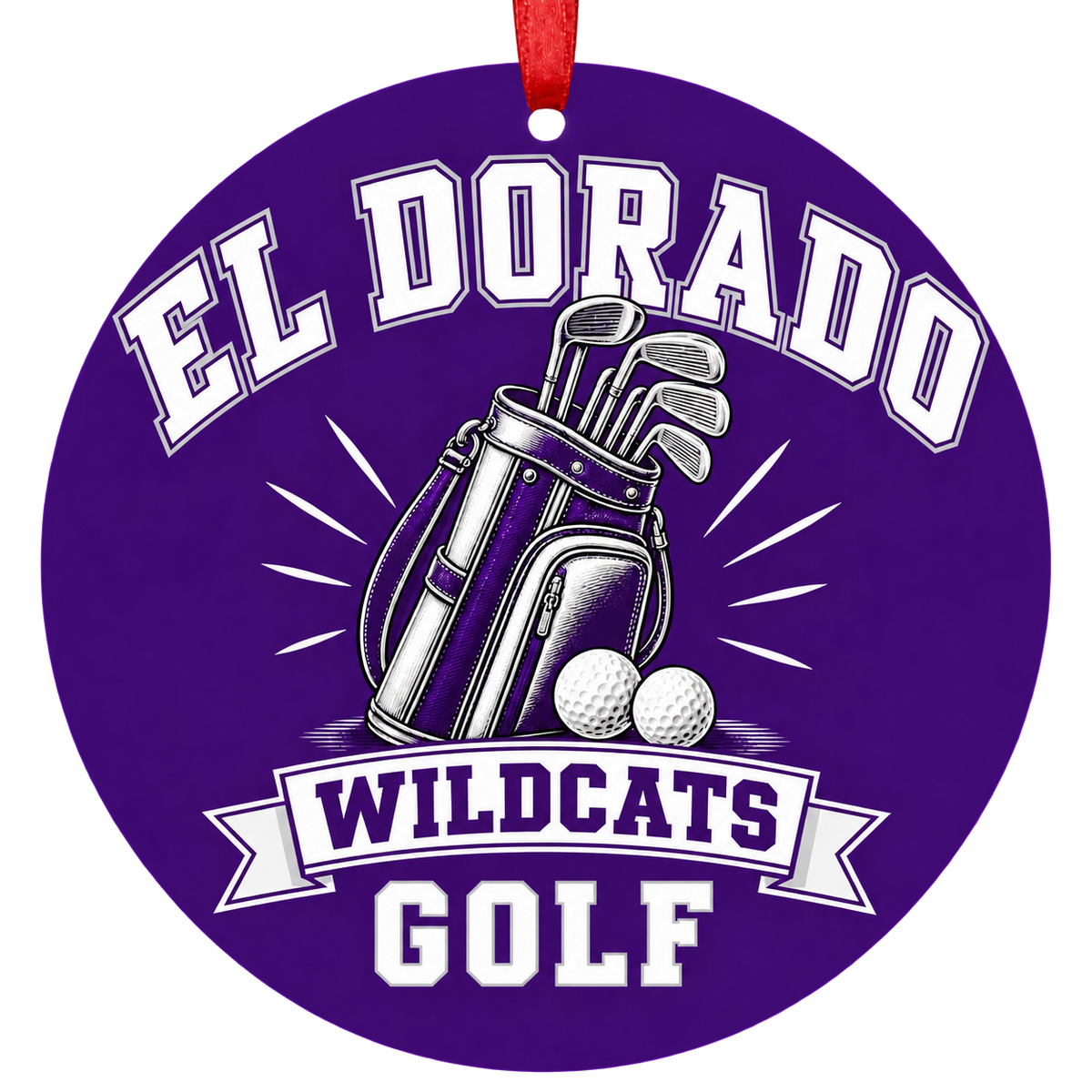 El Dorado Wildcats Golf Christmas ornament with golf bag, clubs and balls in purple and white, red hanging ribbon.