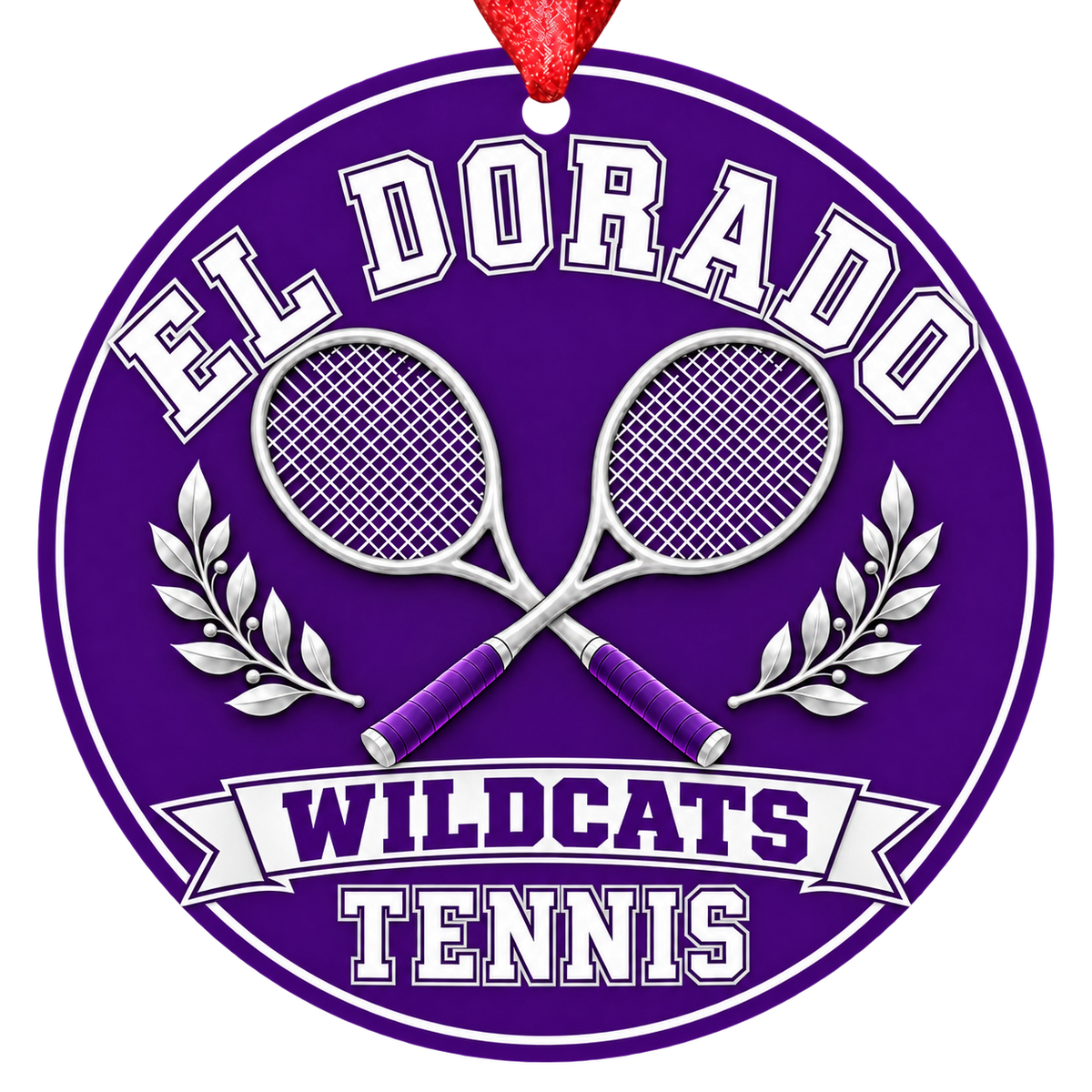 El Dorado Wildcats Tennis Christmas ornament with crossed tennis rackets and laurel details in purple and white, red hanging ribbon.