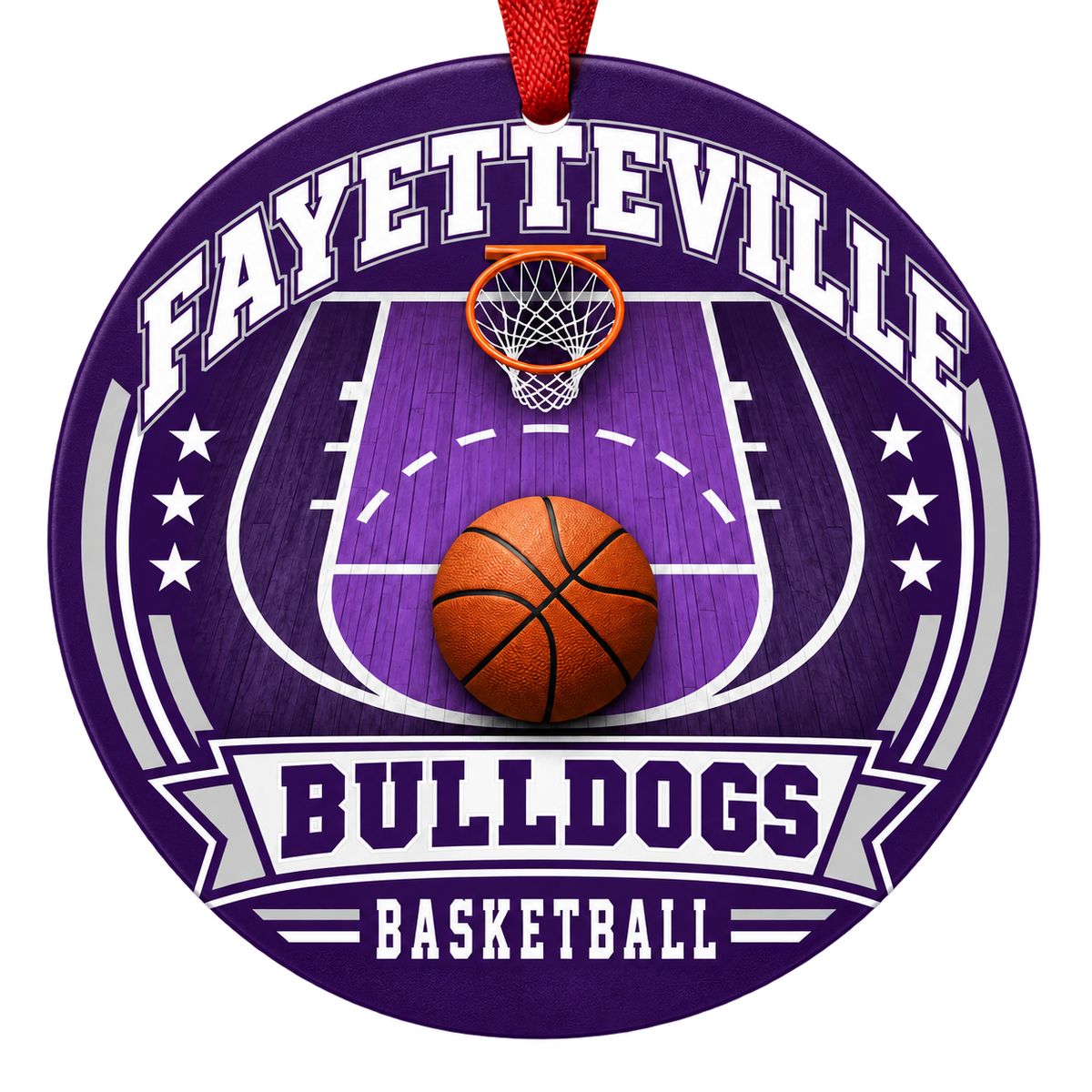 Fayetteville Bulldogs Basketball Christmas ornament with basketball court, hoop and ball artwork in purple and white, red hanging ribbon.