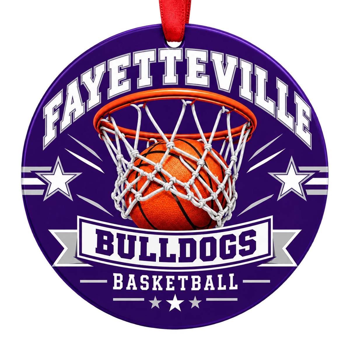 Fayetteville Bulldogs Basketball Christmas ornament with basketball passing through a hoop in purple and white, red hanging ribbon.