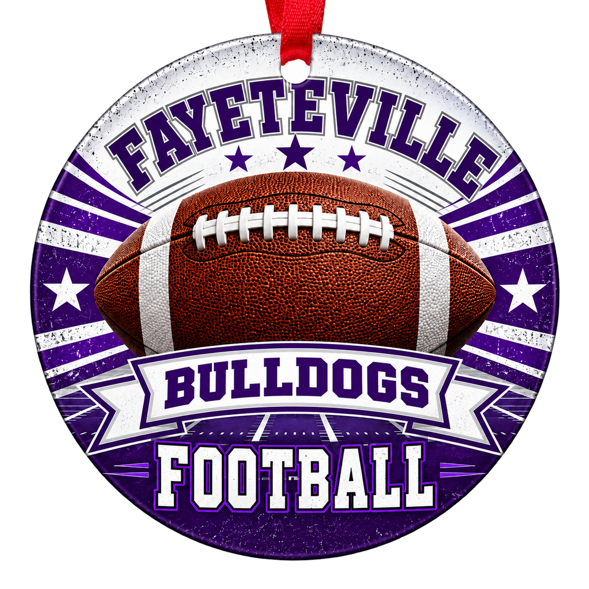 Fayetteville Bulldogs Football Christmas ornament with football, stars and field artwork in purple and white, red hanging ribbon.