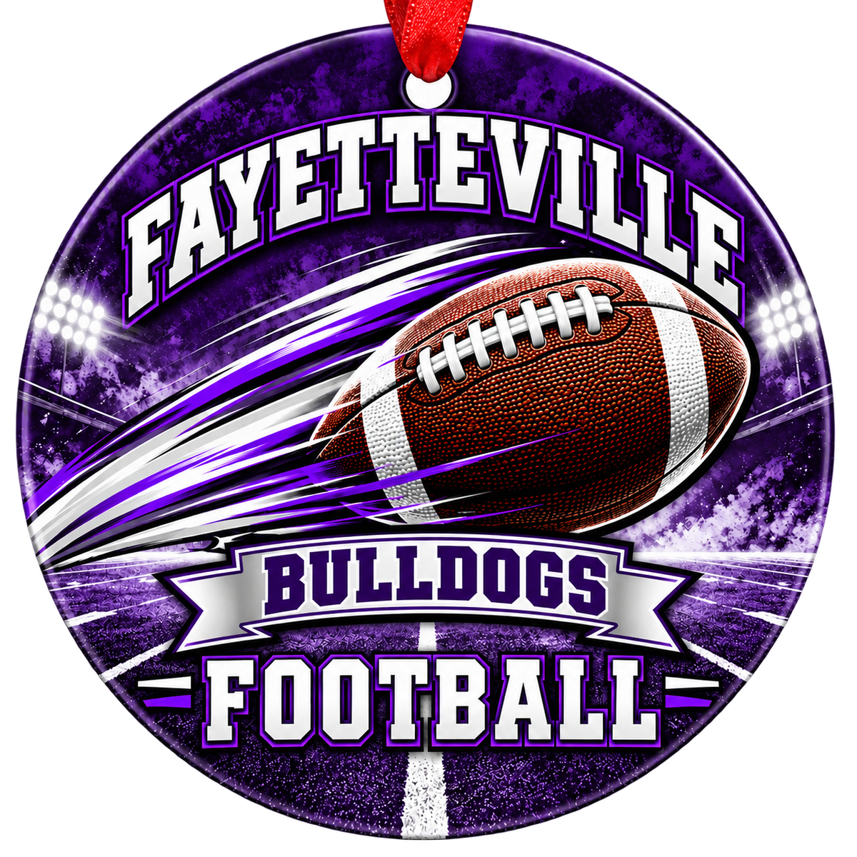 Fayetteville Bulldogs Football Christmas ornament with football with motion streaks and stadium lights in purple and white, red hanging ribbon.