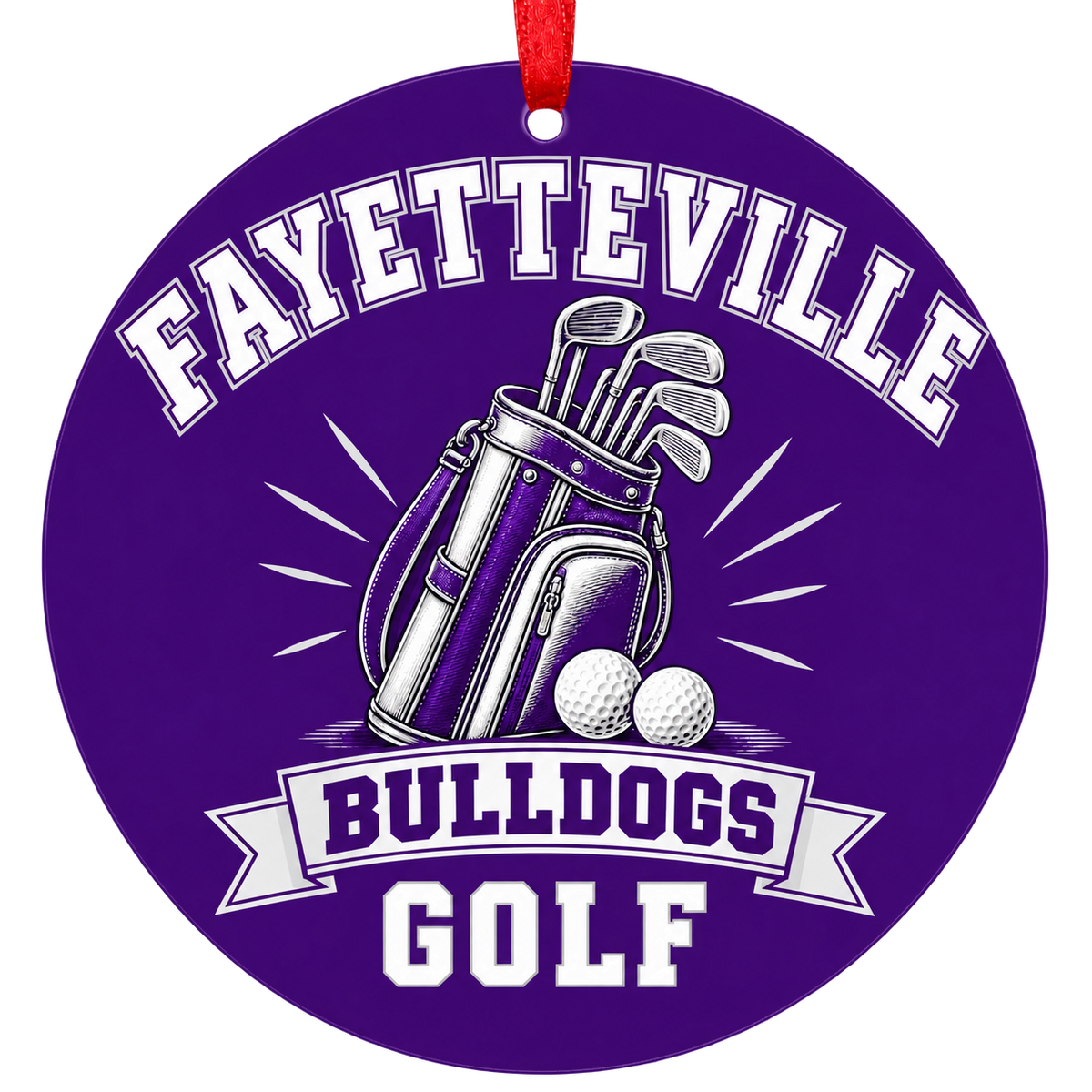 Fayetteville Bulldogs Golf Christmas ornament with golf bag, clubs and balls in purple and white, red hanging ribbon.