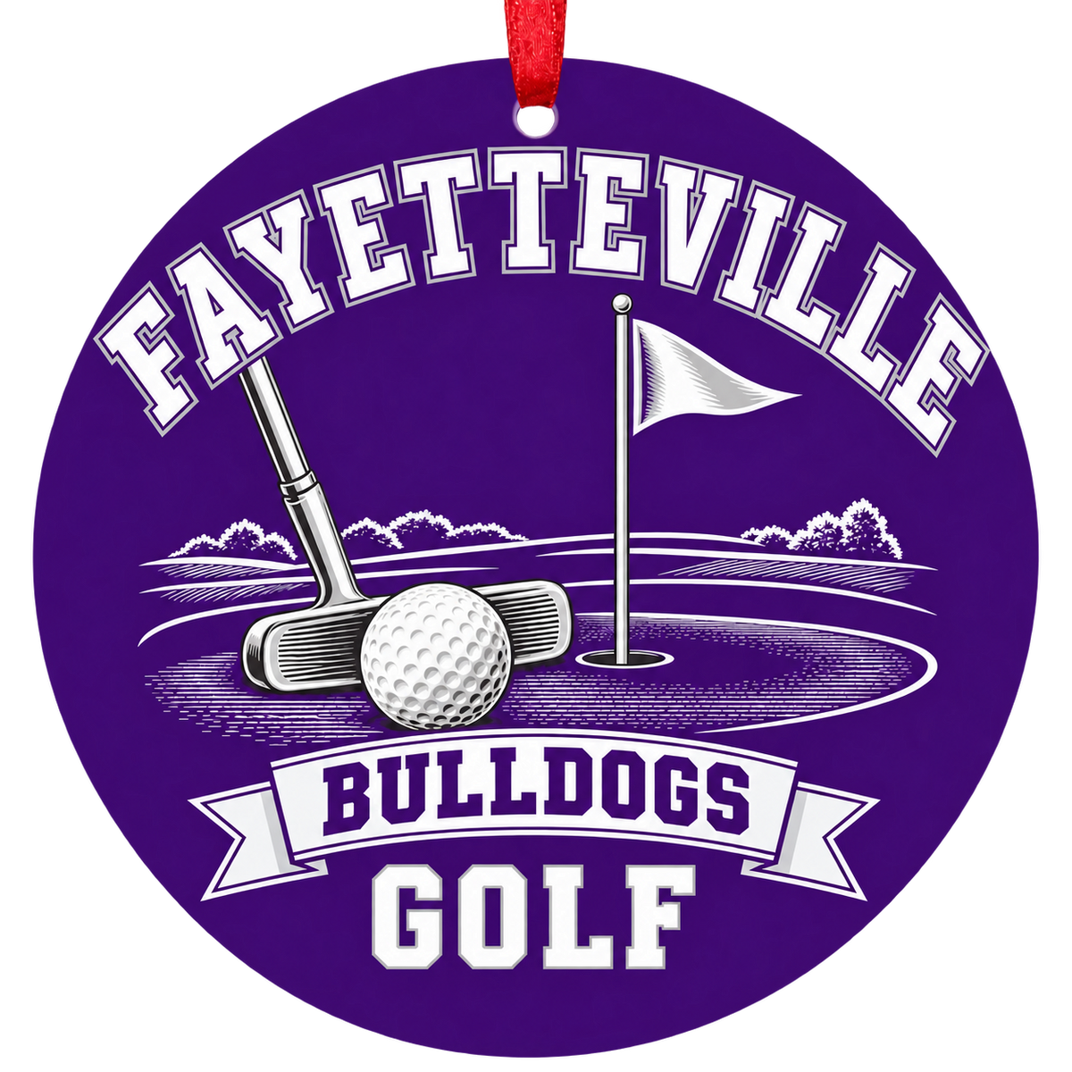 Fayetteville Bulldogs Golf Christmas ornament with putter, golf ball and putting green in purple and white, red hanging ribbon.