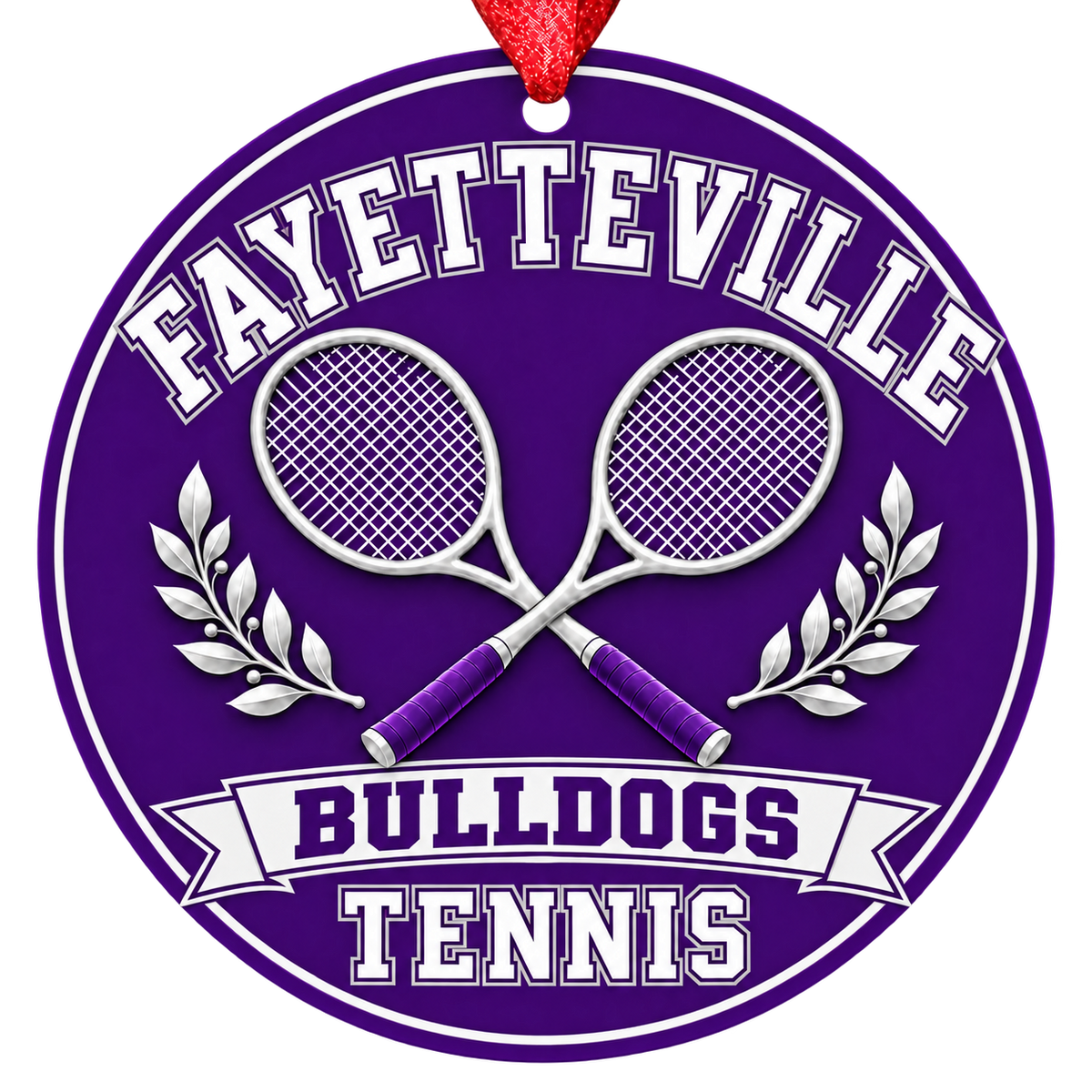 Fayetteville Bulldogs Tennis Christmas ornament with crossed tennis rackets and laurel details in purple and white, red hanging ribbon.
