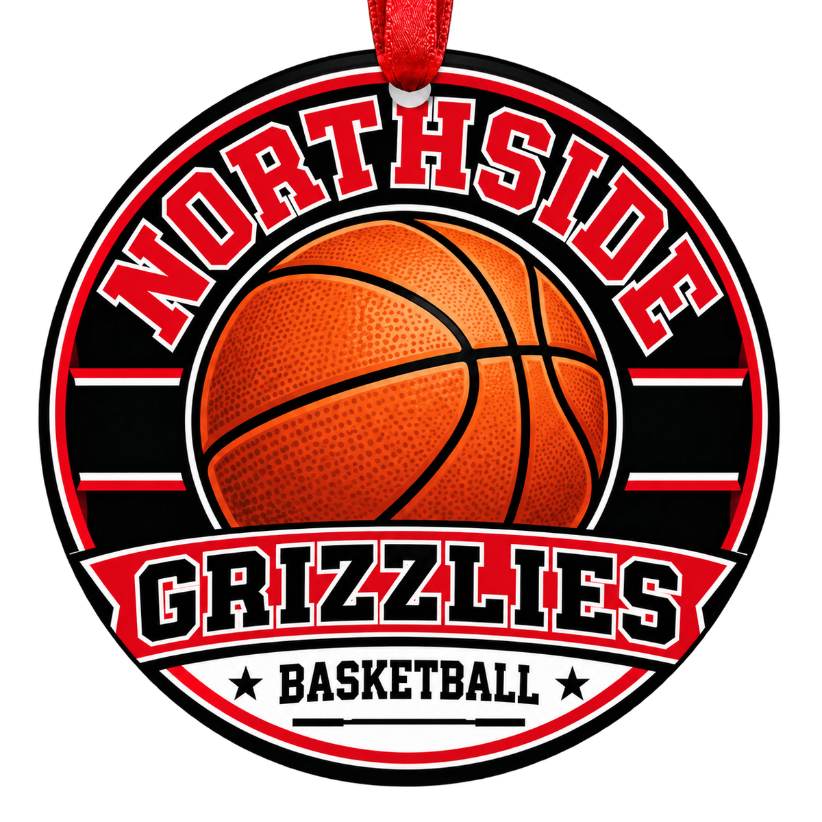 Northside Grizzlies Basketball Christmas ornament with varsity basketball artwork in red, black and white, red hanging ribbon.