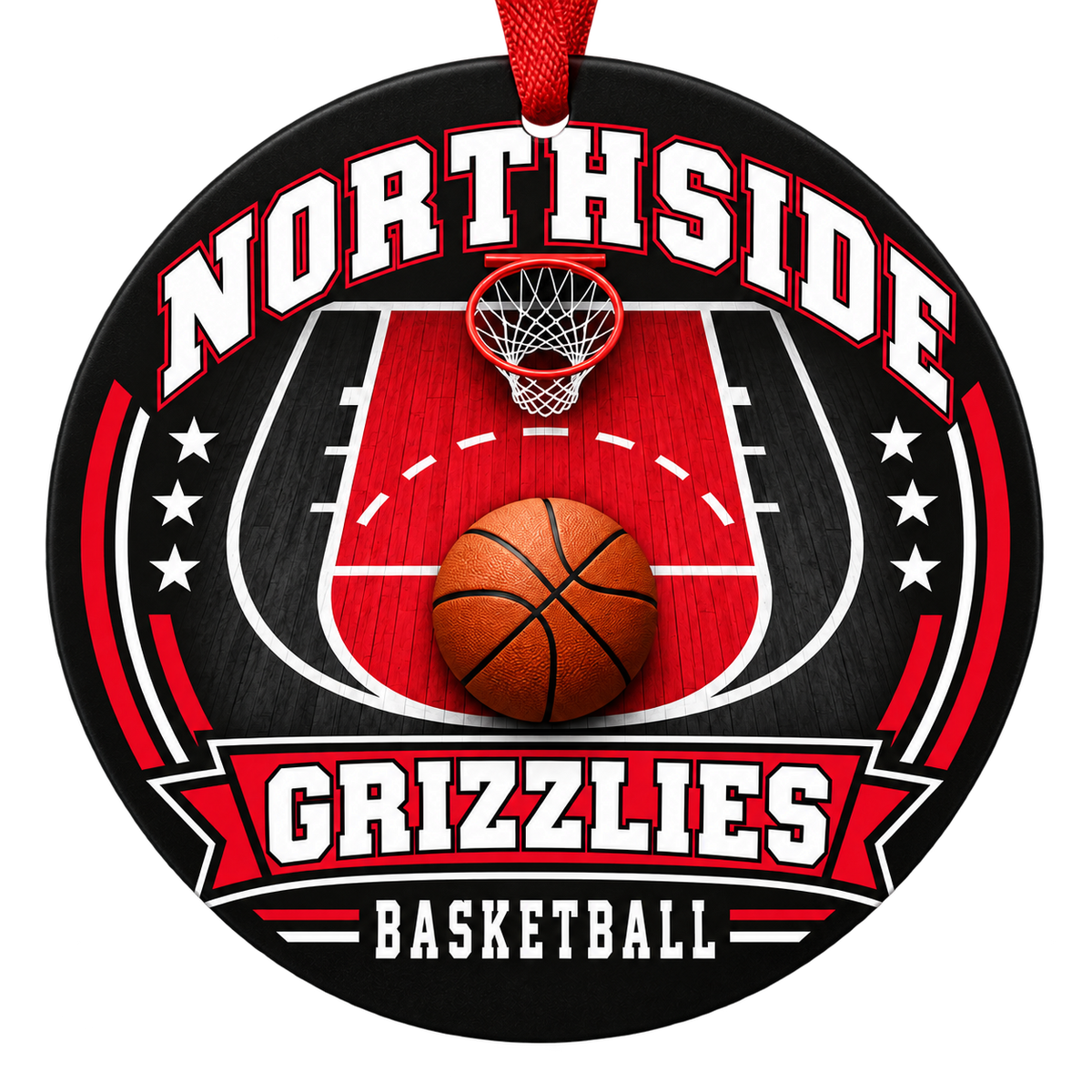 Northside Grizzlies Basketball Christmas ornament with basketball court, hoop and ball artwork in red, black and white, red hanging ribbon.