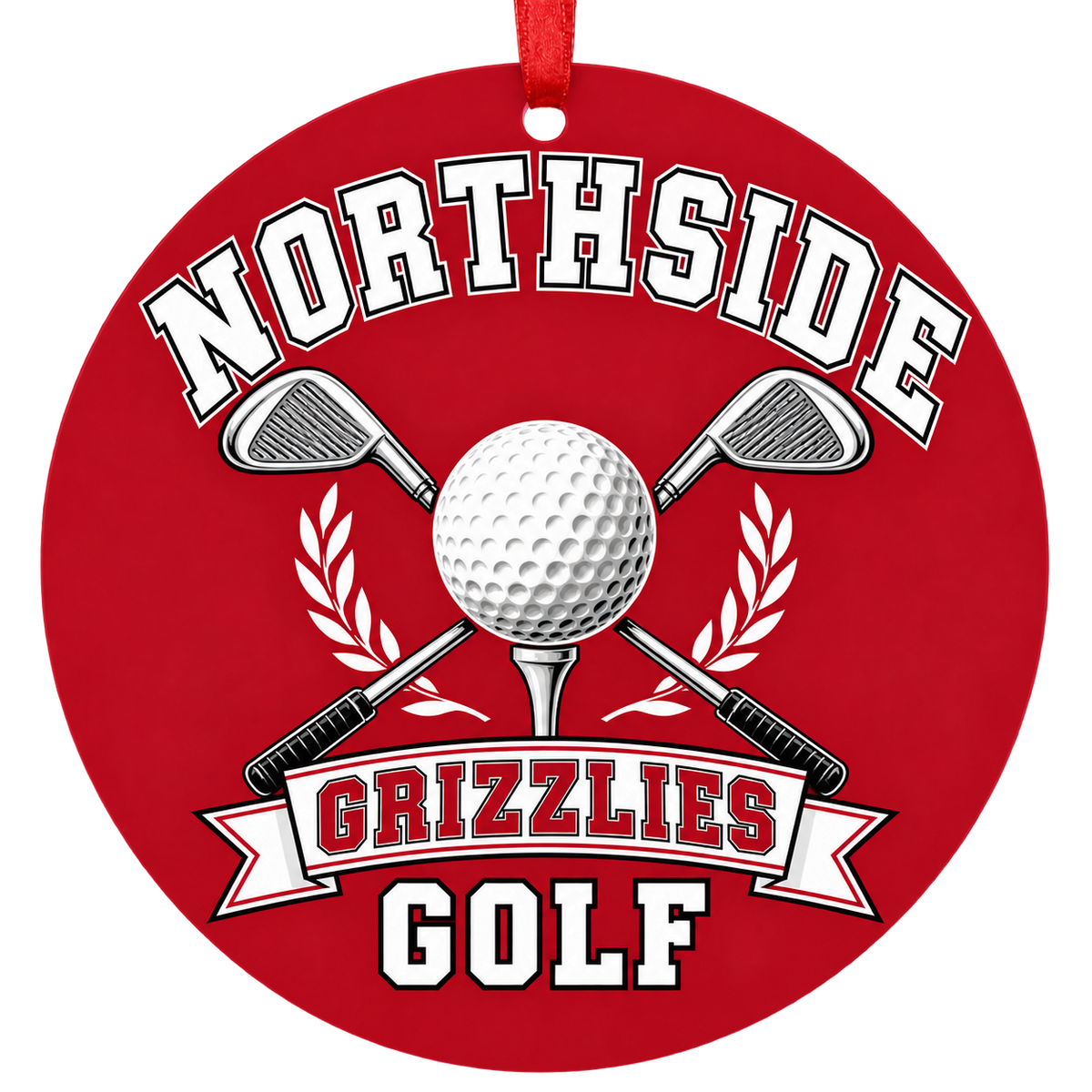 Northside Grizzlies Golf Christmas ornament with golf ball and crossed clubs in red, black and white, red hanging ribbon.
