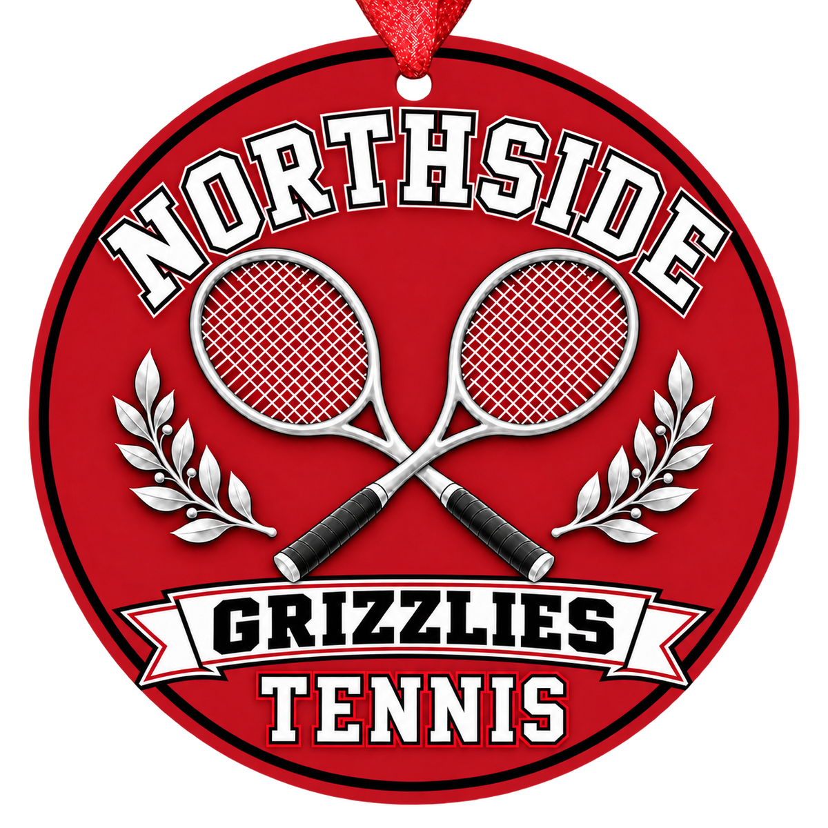 Northside Grizzlies Tennis Christmas ornament with crossed tennis rackets and laurel details in red, black and white, red hanging ribbon.