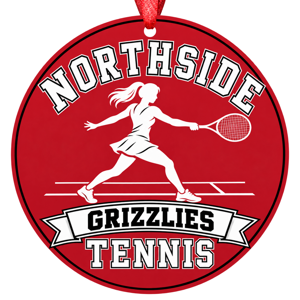 Northside Grizzlies Tennis Christmas ornament with tennis player silhouette in red, black and white, red hanging ribbon.