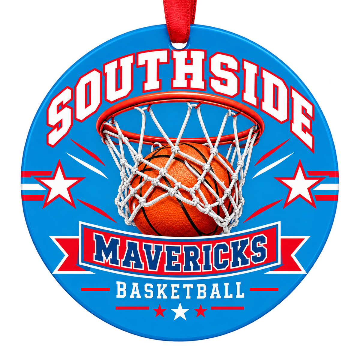 Southside Mavericks Basketball Christmas ornament with basketball passing through a hoop in bright Columbia blue and red, red hanging ribbon.