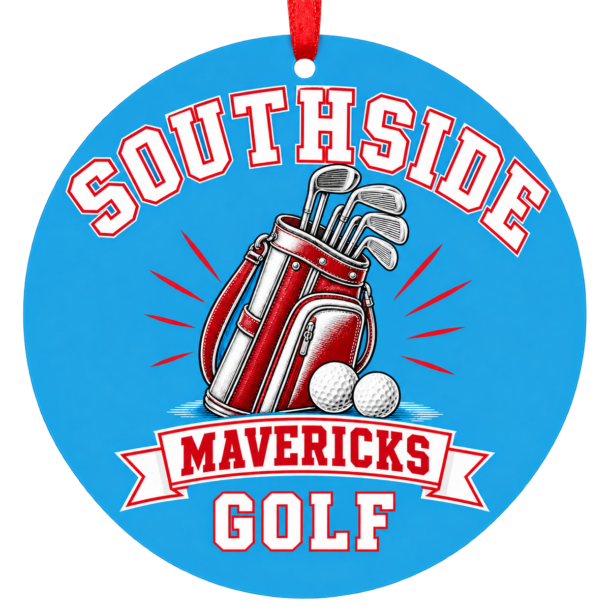 Southside Mavericks Golf Christmas ornament with golf bag, clubs and balls in bright Columbia blue and red, red hanging ribbon.