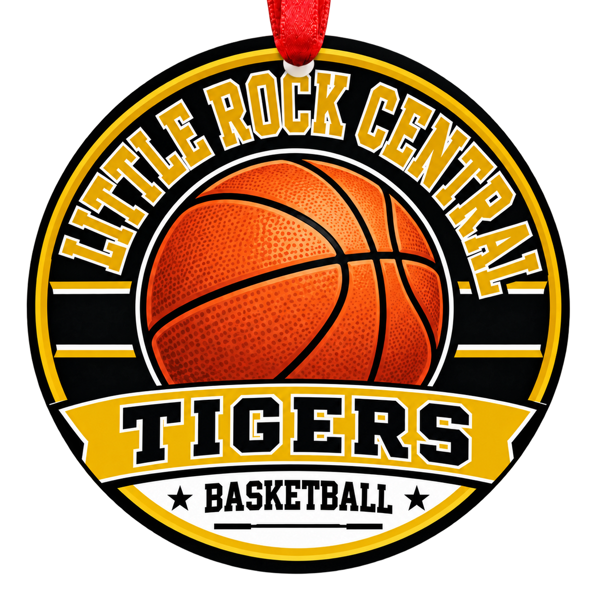 Little Rock Central Tigers Basketball Christmas ornament with varsity basketball artwork in black and old gold, red hanging ribbon.