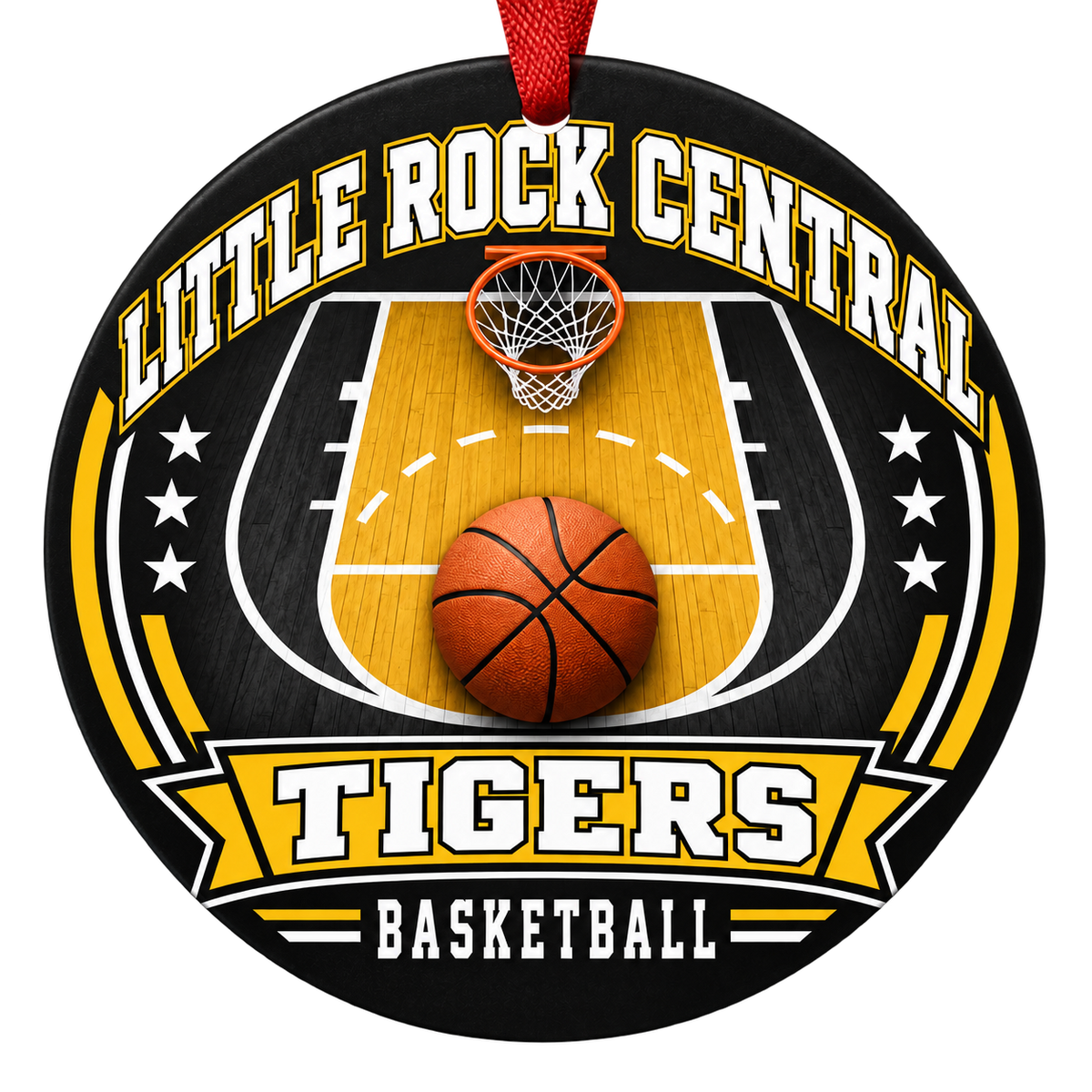 Little Rock Central Tigers Basketball Christmas ornament with basketball court, hoop and ball artwork in black and old gold, red hanging ribbon.