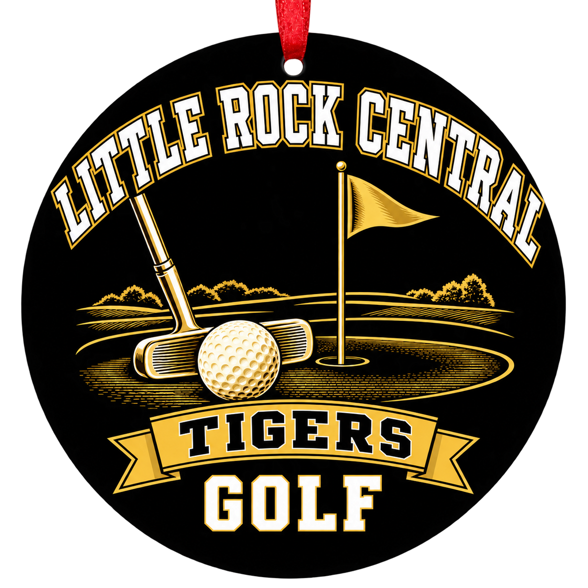 Little Rock Central Tigers Golf Christmas ornament with putter, golf ball and putting green in black and old gold, red hanging ribbon.