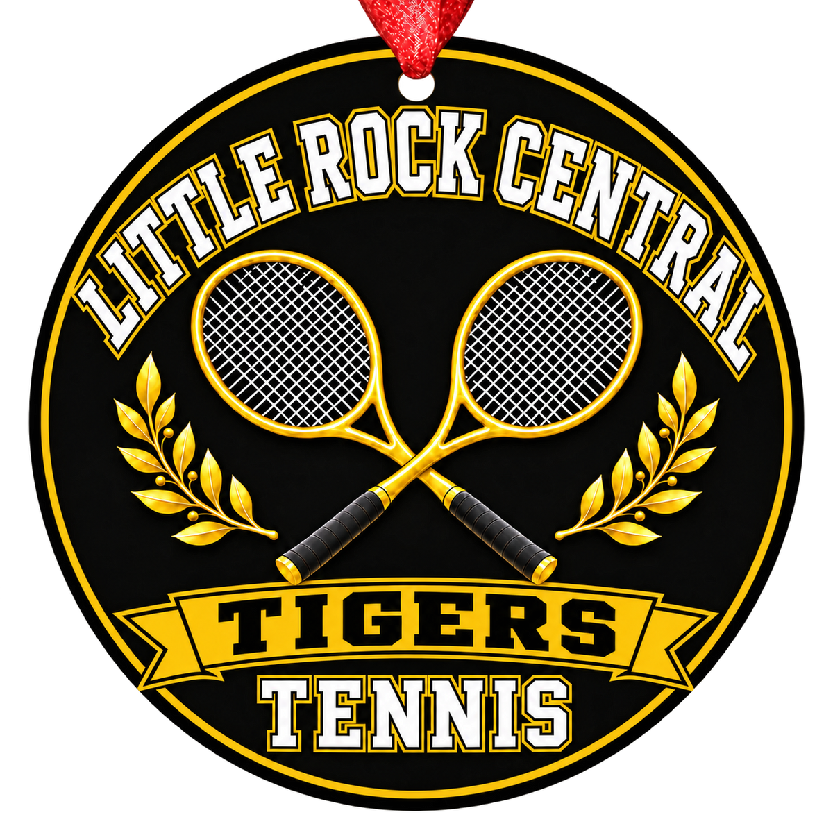 Little Rock Central Tigers Tennis Christmas ornament with crossed tennis rackets and laurel details in black and old gold, red hanging ribbon.