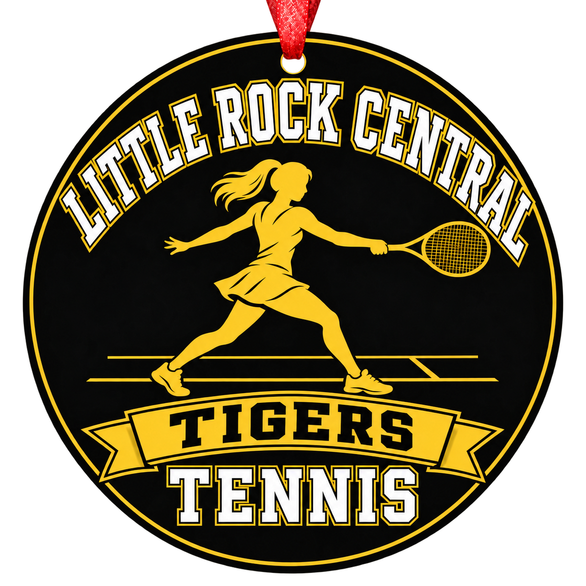 Little Rock Central Tigers Tennis Christmas ornament with tennis player silhouette in black and old gold, red hanging ribbon.