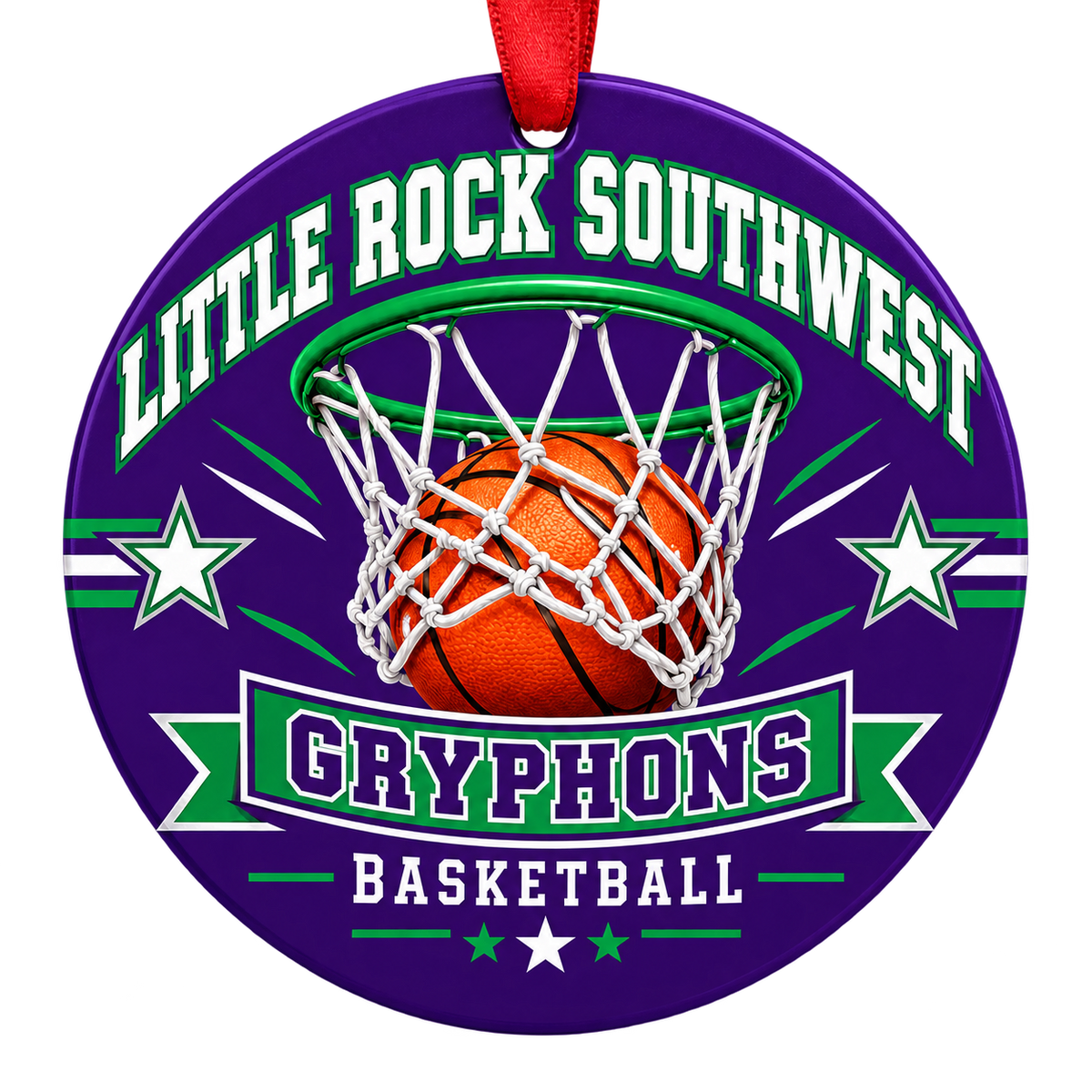 Little Rock Southwest Gryphons Basketball Christmas ornament with basketball passing through a hoop in purple, green and silver, red hanging ribbon.