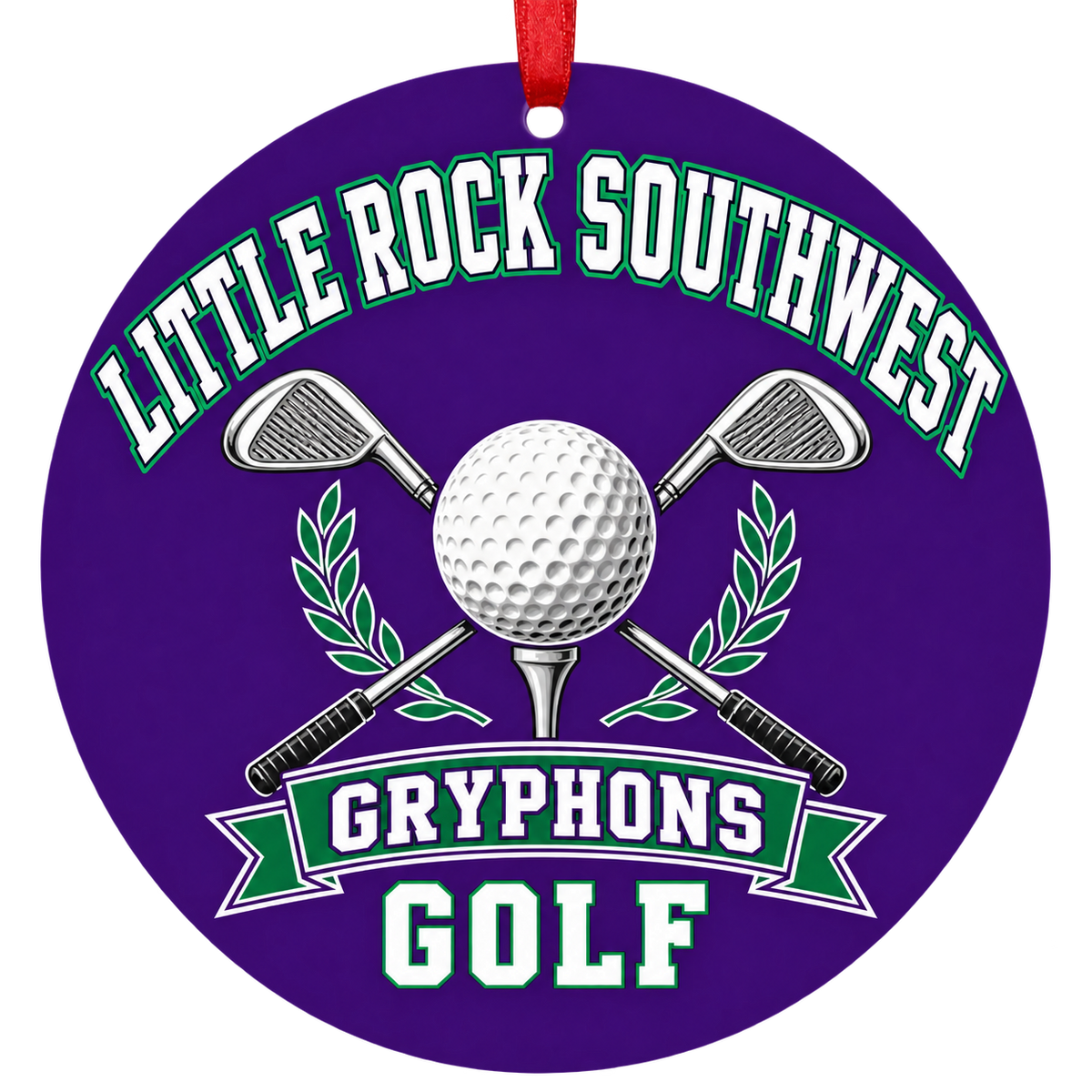 Little Rock Southwest Gryphons Golf Christmas ornament with golf ball and crossed clubs in purple, green and silver, red hanging ribbon.