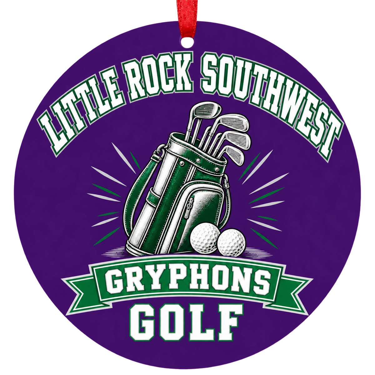Little Rock Southwest Gryphons Golf Christmas ornament with golf bag, clubs and balls in purple, green and silver, red hanging ribbon.