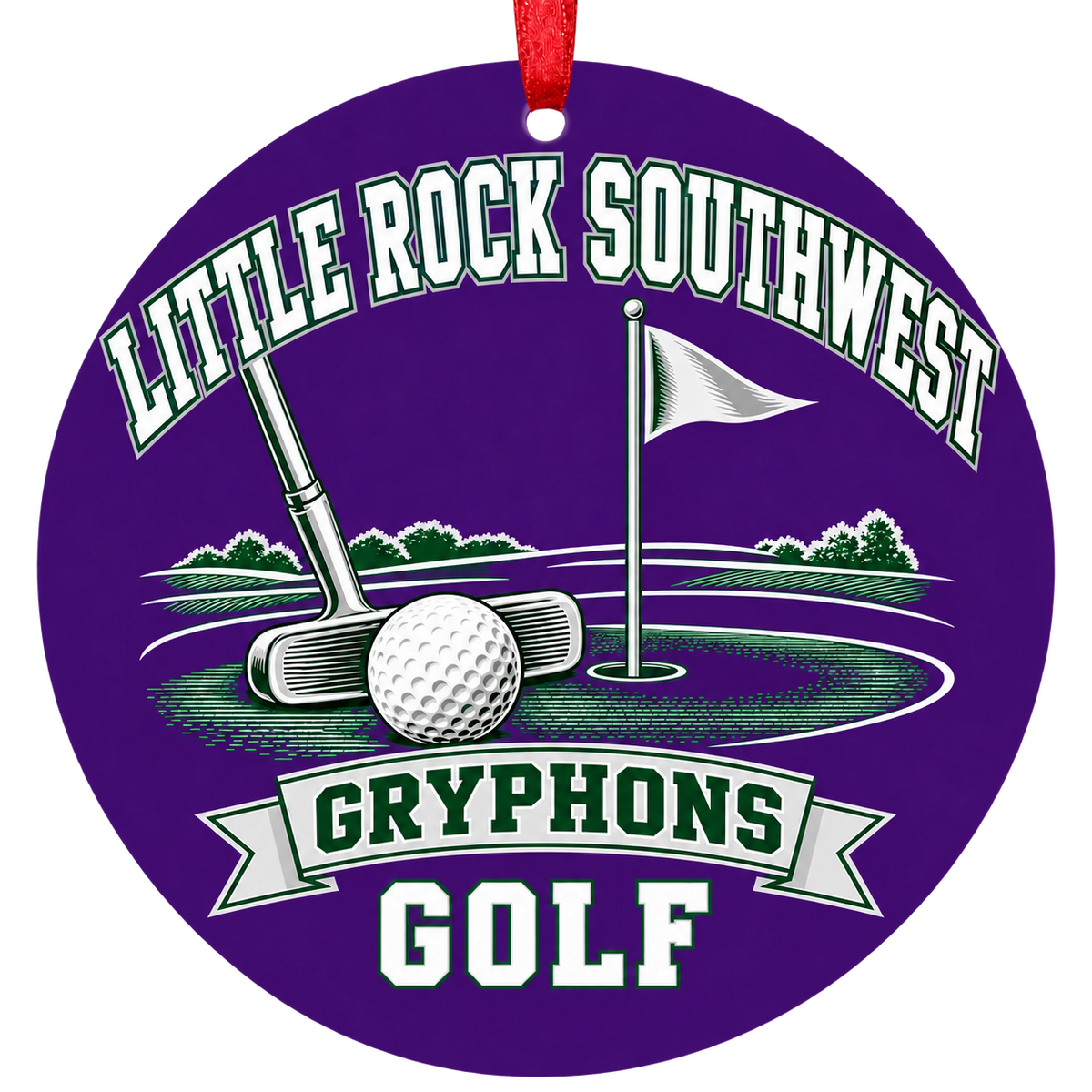Little Rock Southwest Gryphons Golf Christmas ornament with putter, golf ball and putting green in purple, green and silver, red hanging ribbon.