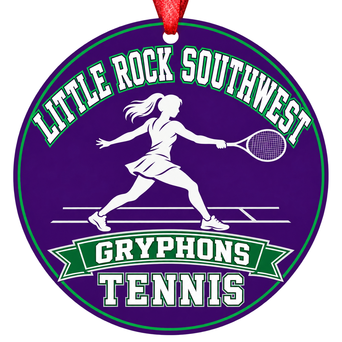 Little Rock Southwest Gryphons Tennis Christmas ornament with tennis player silhouette in purple, green and silver, red hanging ribbon.