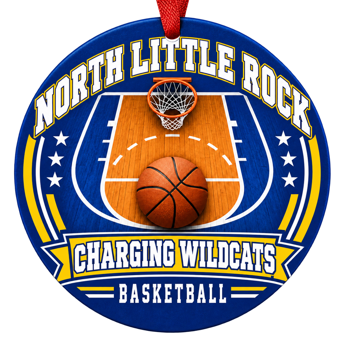 North Little Rock Charging Wildcats Basketball Christmas ornament with basketball court, hoop and ball artwork in royal blue and gold, red hanging ribbon.