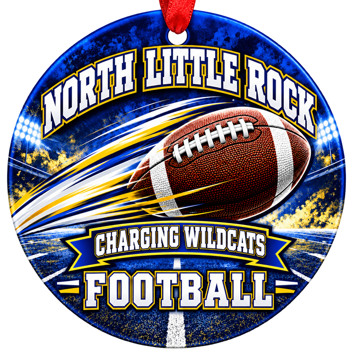 North Little Rock Charging Wildcats Football Christmas ornament with football with motion streaks and stadium lights in royal blue and gold, red hanging ribbon.