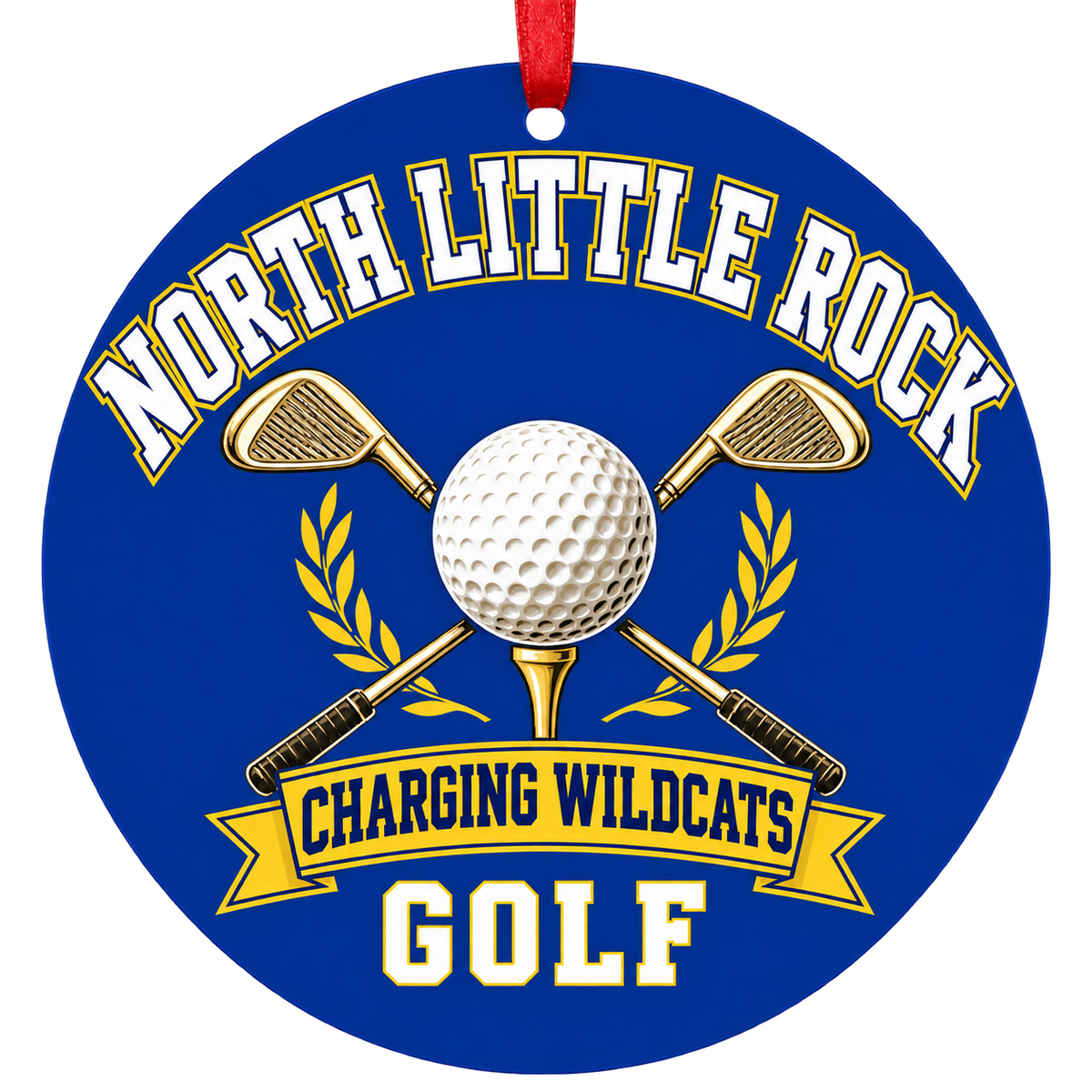 North Little Rock Charging Wildcats Golf Christmas ornament with golf ball and crossed clubs in royal blue and gold, red hanging ribbon.
