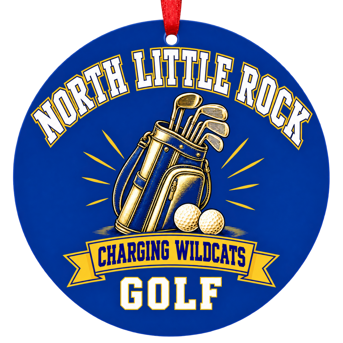 North Little Rock Charging Wildcats Golf Christmas ornament with golf bag, clubs and balls in royal blue and gold, red hanging ribbon.