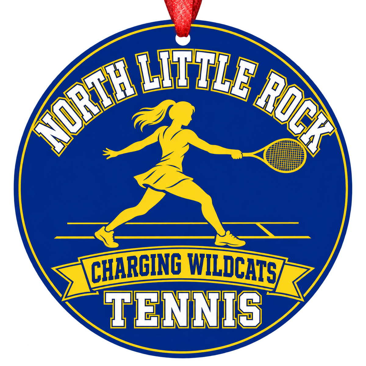 North Little Rock Charging Wildcats Tennis Christmas ornament with tennis player silhouette in royal blue and gold, red hanging ribbon.