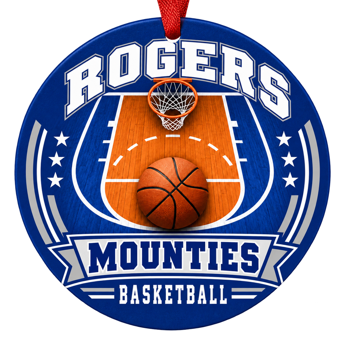 Rogers Mounties Basketball Christmas ornament with basketball court, hoop and ball artwork in royal blue and gray, red hanging ribbon.