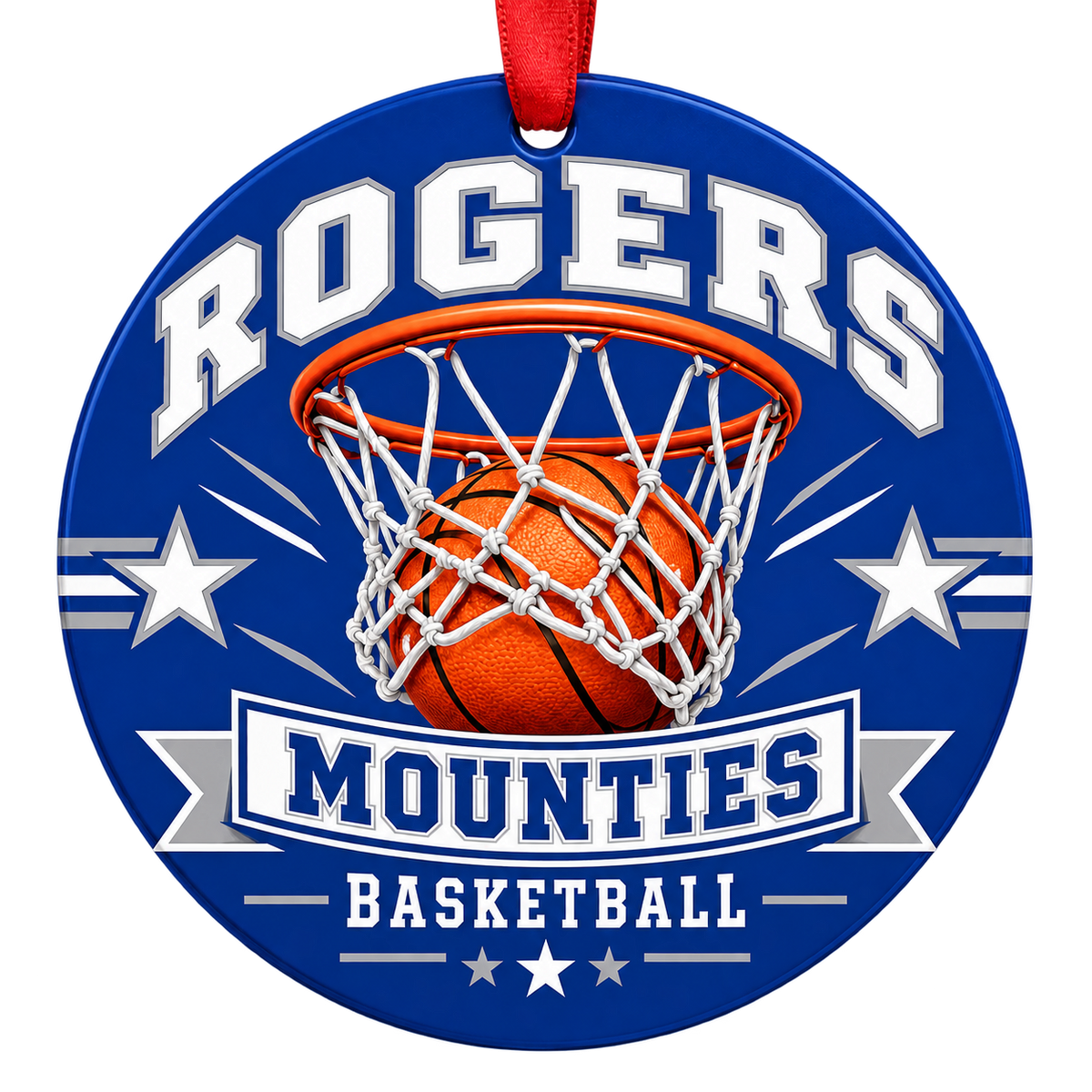 Rogers Mounties Basketball Christmas ornament with basketball passing through a hoop in royal blue and gray, red hanging ribbon.