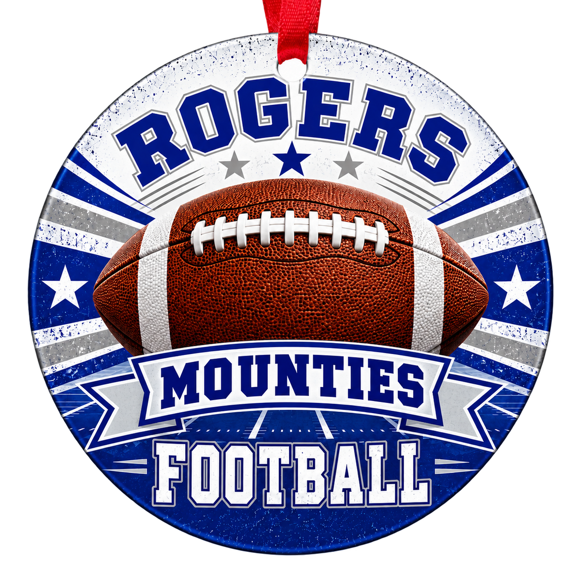 Rogers Mounties Football Christmas ornament with football, stars and field artwork in royal blue and gray, red hanging ribbon.