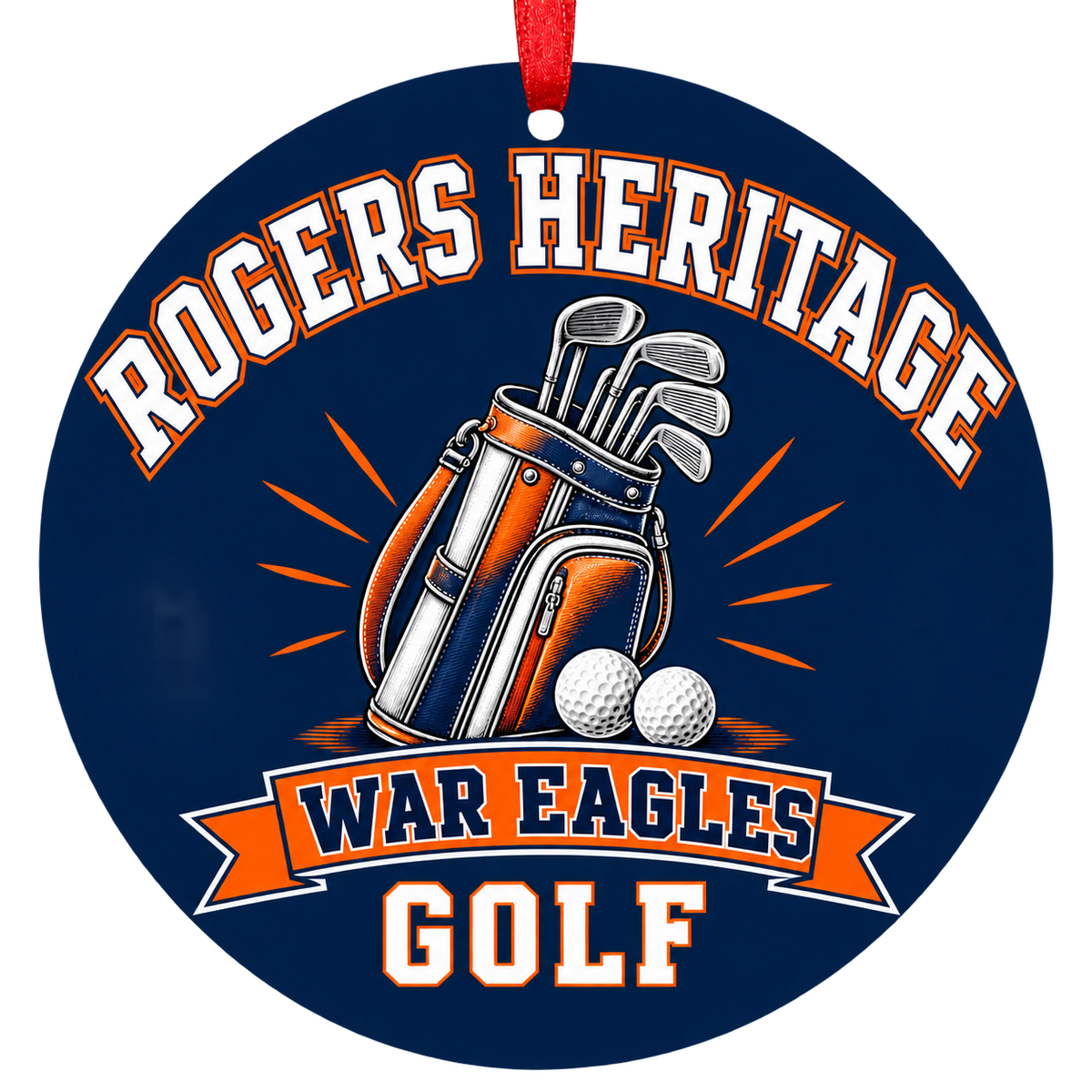 Rogers Heritage War Eagles Golf Christmas ornament with golf bag, clubs and balls in navy blue and orange, red hanging ribbon.