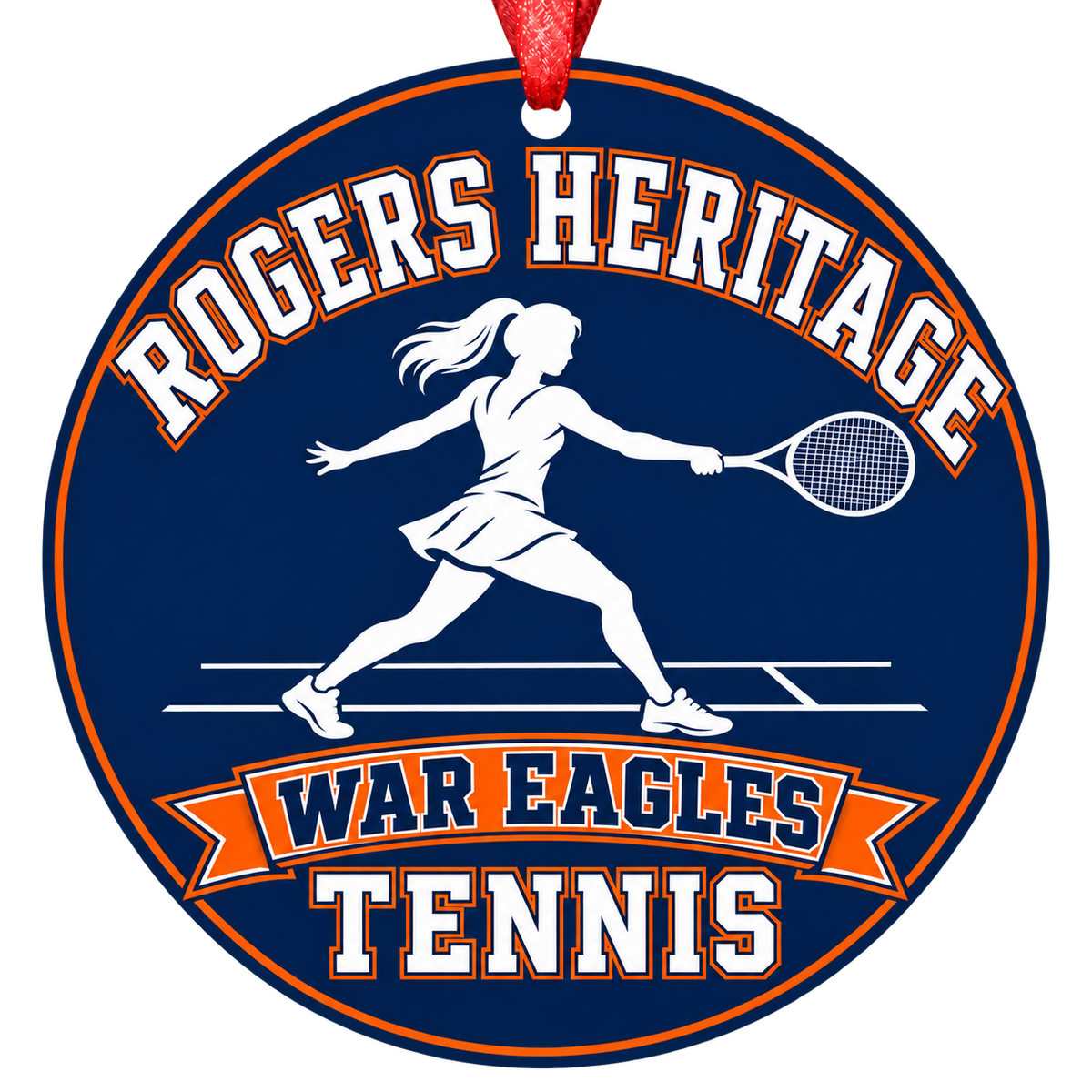 Rogers Heritage War Eagles Tennis Christmas ornament with tennis player silhouette in navy blue and orange, red hanging ribbon.