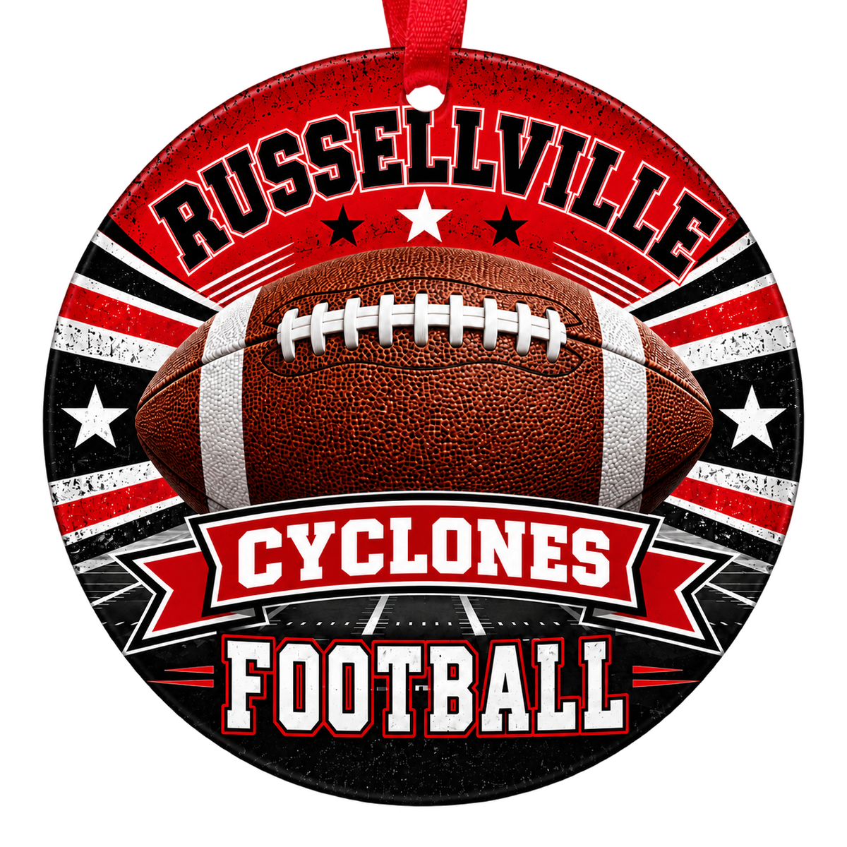 Russellville Cyclones Football Christmas ornament with football, stars and field artwork in red and black, red hanging ribbon.