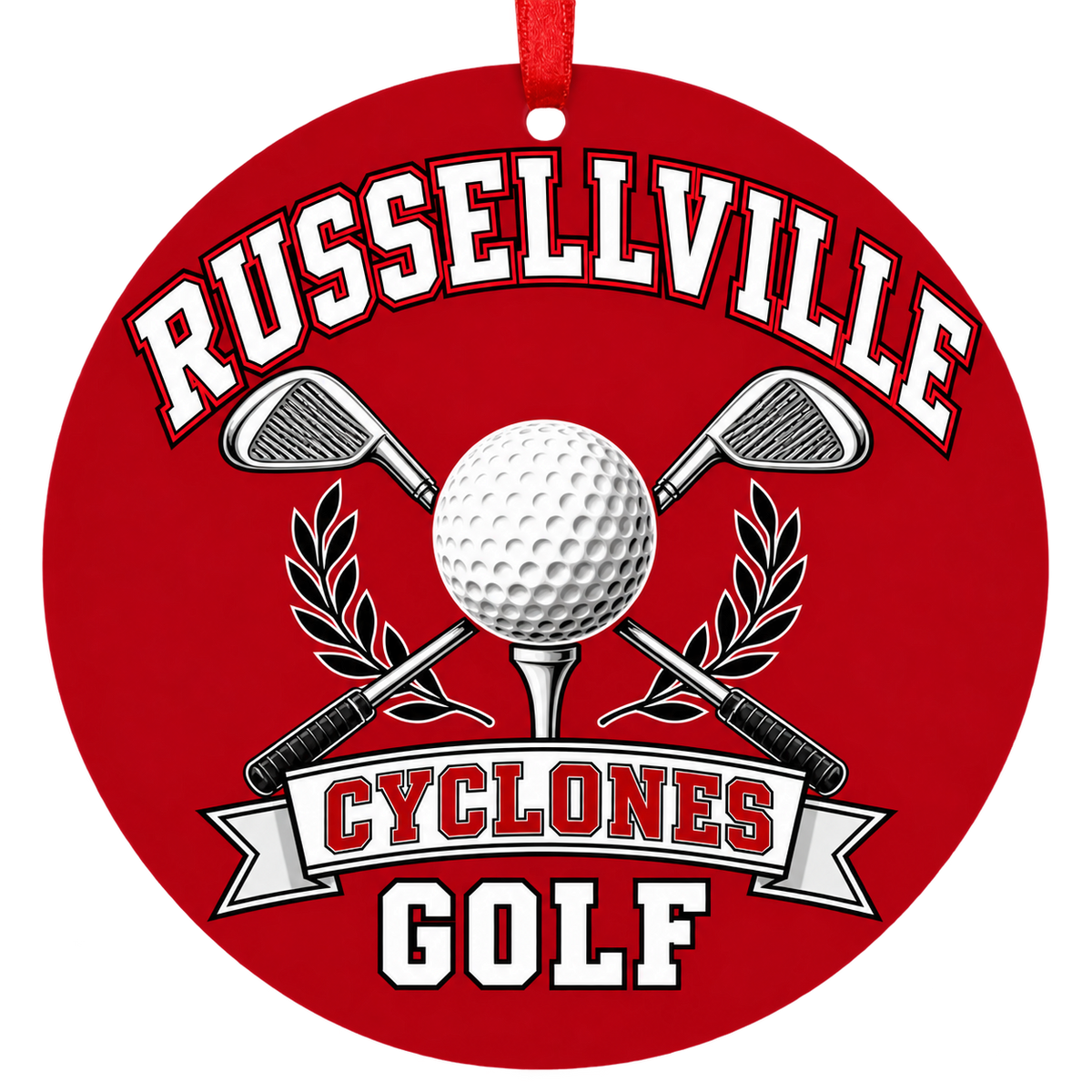 Russellville Cyclones Golf Christmas ornament with golf ball and crossed clubs in red and black, red hanging ribbon.