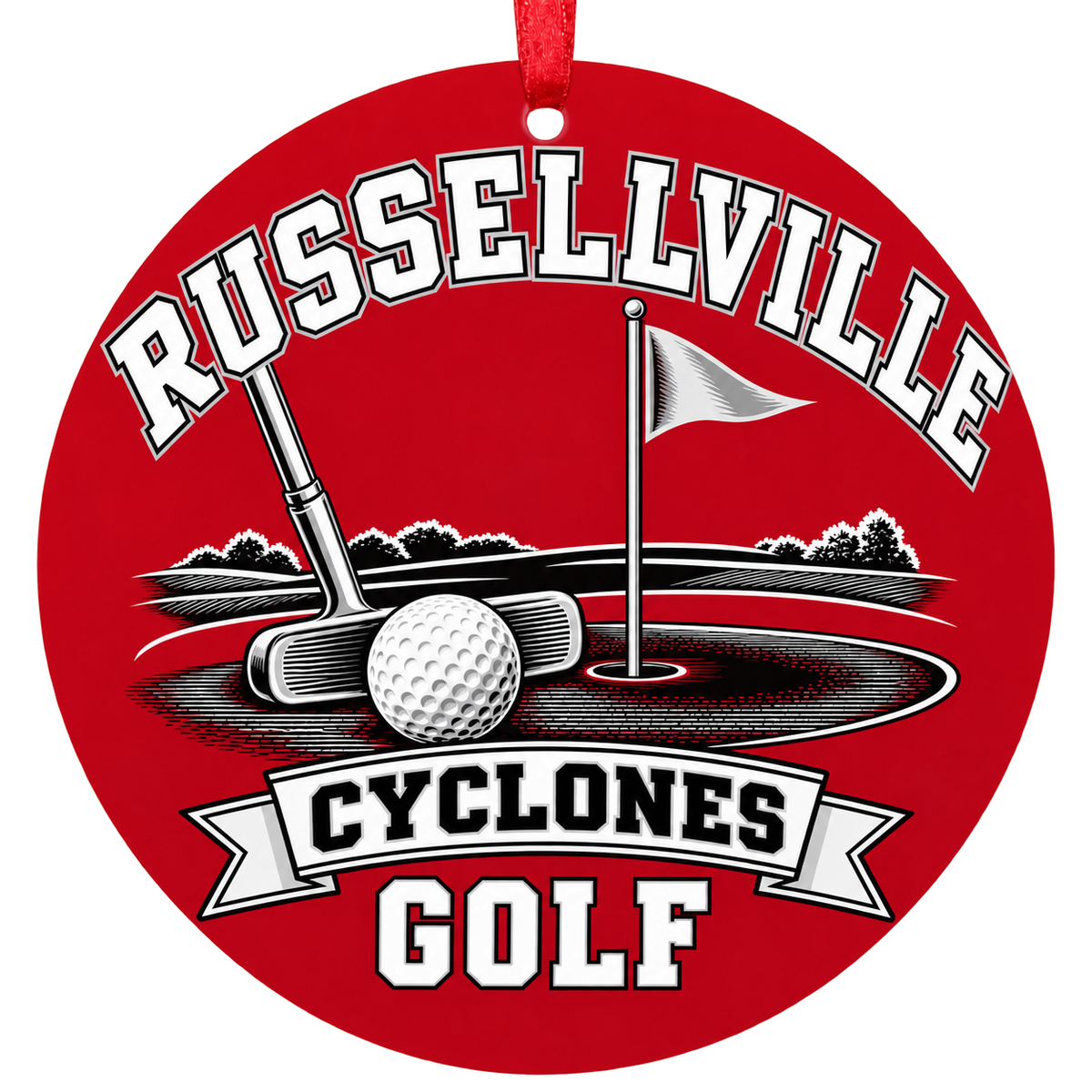 Russellville Cyclones Golf Christmas ornament with putter, golf ball and putting green in red and black, red hanging ribbon.
