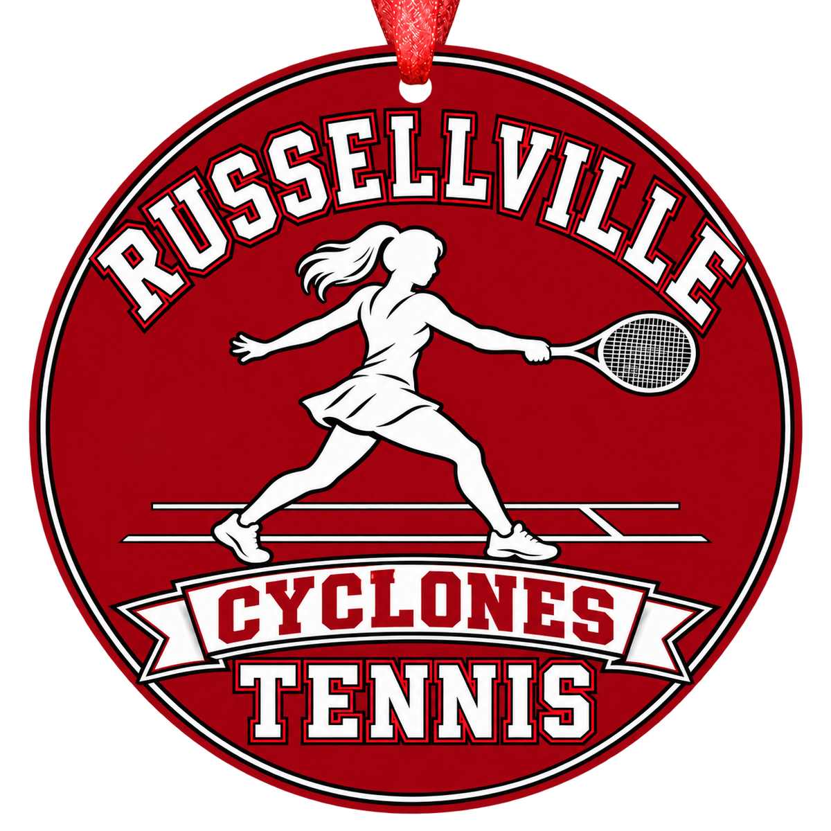 Russellville Cyclones Tennis Christmas ornament with tennis player silhouette in red and black, red hanging ribbon.