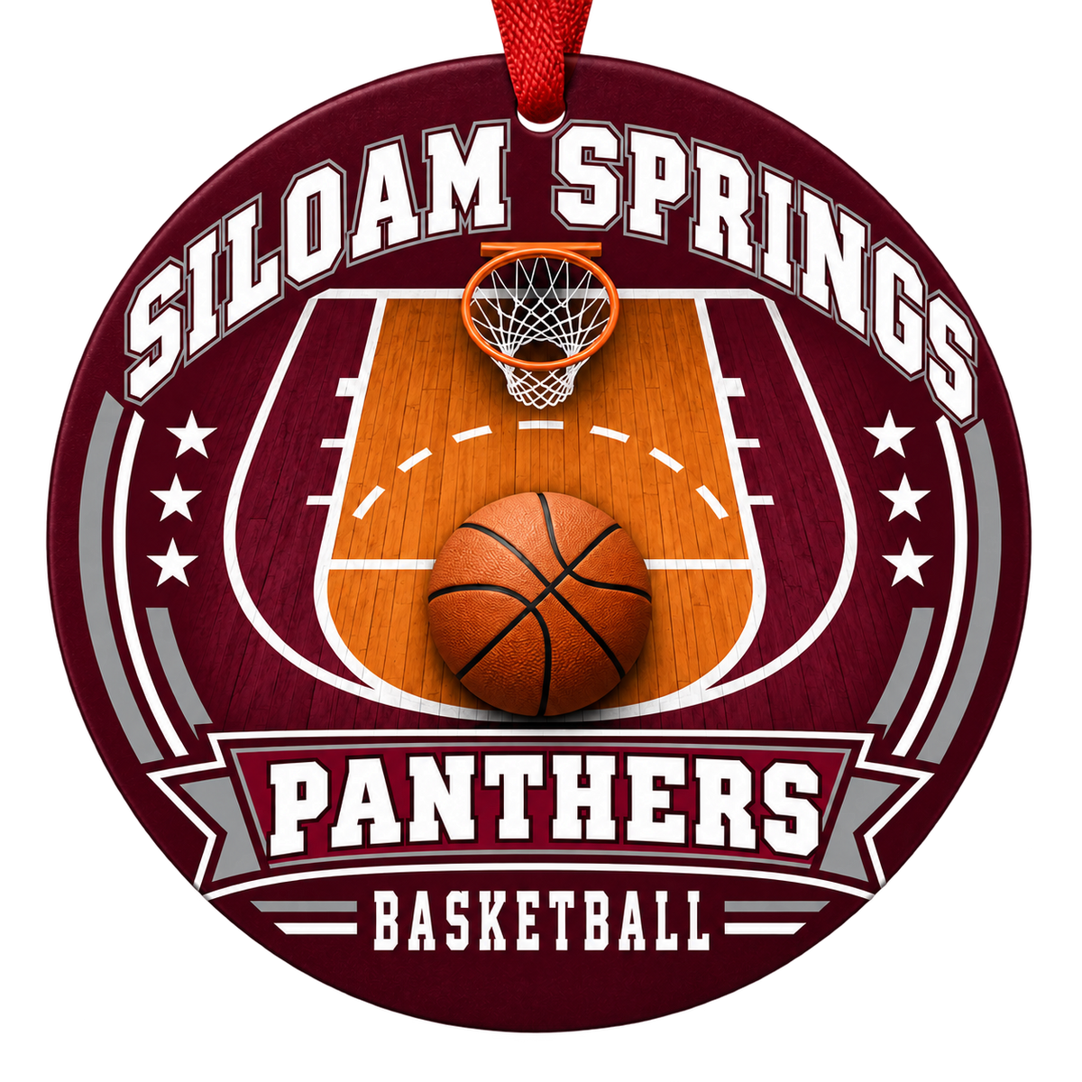 Siloam Springs Panthers Basketball Christmas ornament with basketball court, hoop and ball artwork in maroon and gray, red hanging ribbon.