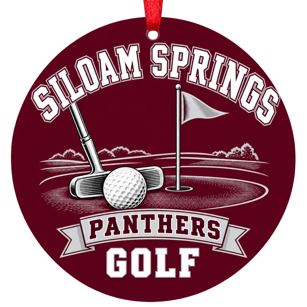 Siloam Springs Panthers Golf Christmas ornament with putter, golf ball and putting green in maroon and gray, red hanging ribbon.
