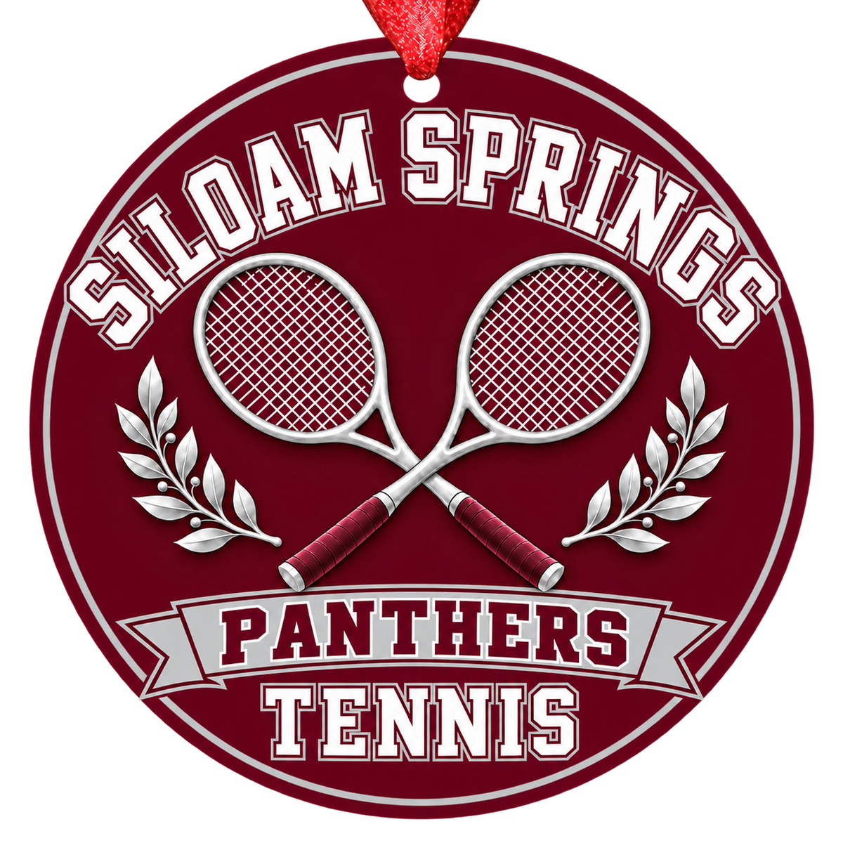 Siloam Springs Panthers Tennis Christmas ornament with crossed tennis rackets and laurel details in maroon and gray, red hanging ribbon.